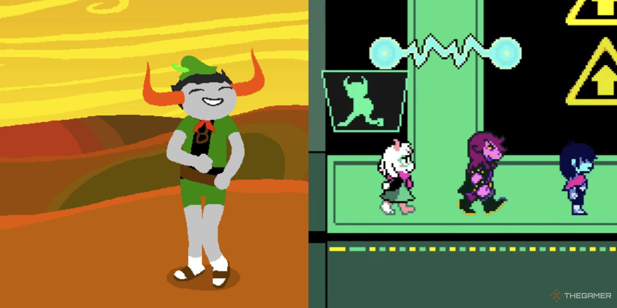 A troll in homestruck next to a troll sillhouette by a crosswalk in Deltarune.