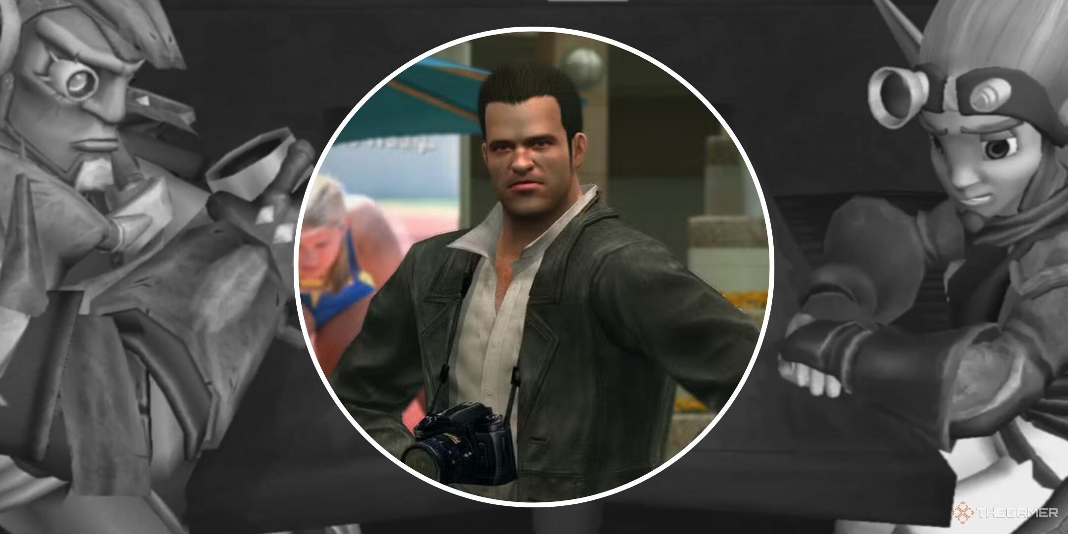 Image of Frank West from Dead Rising in a circle with an image from Jak 2 as the background.
