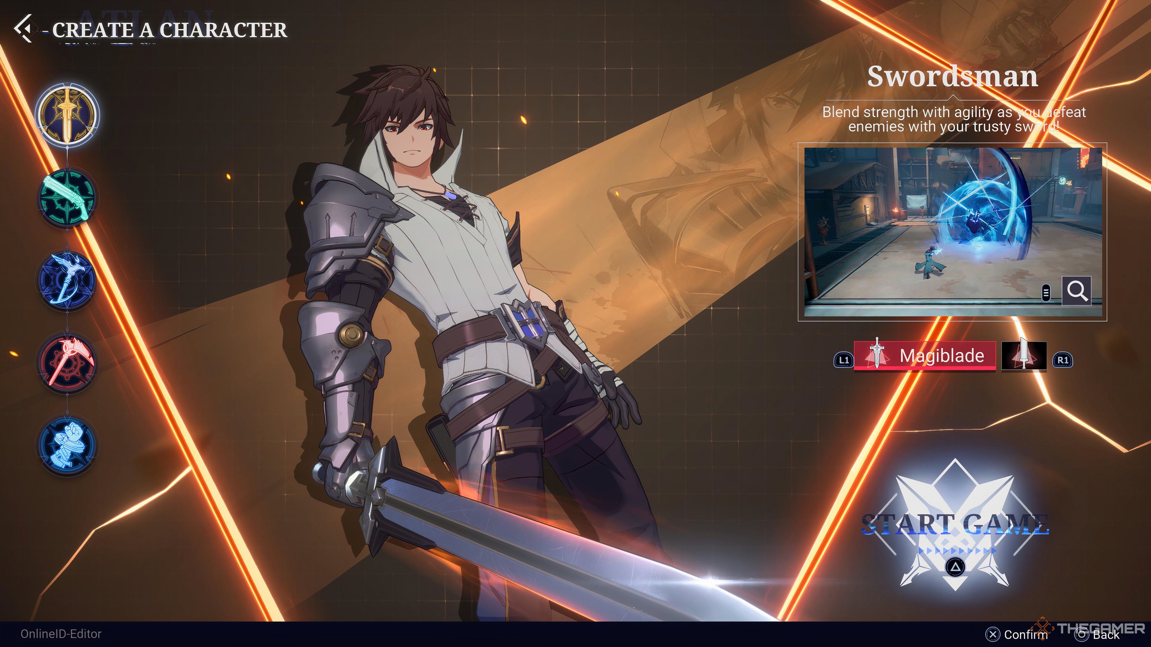 The Swordsman class select screen in Crystal of Atlan.