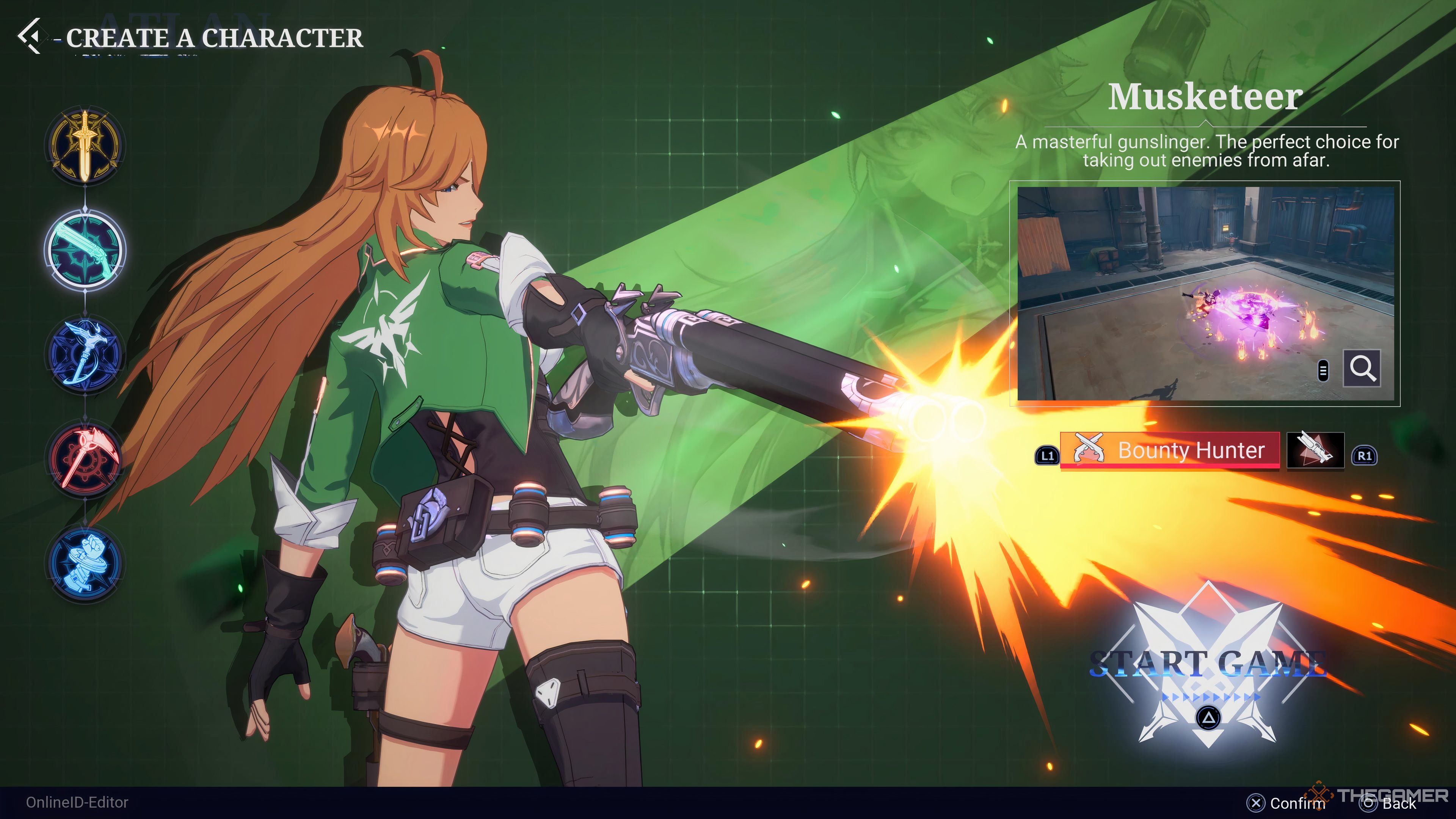 The Musketeer class select screen in Crystal of Atlan.