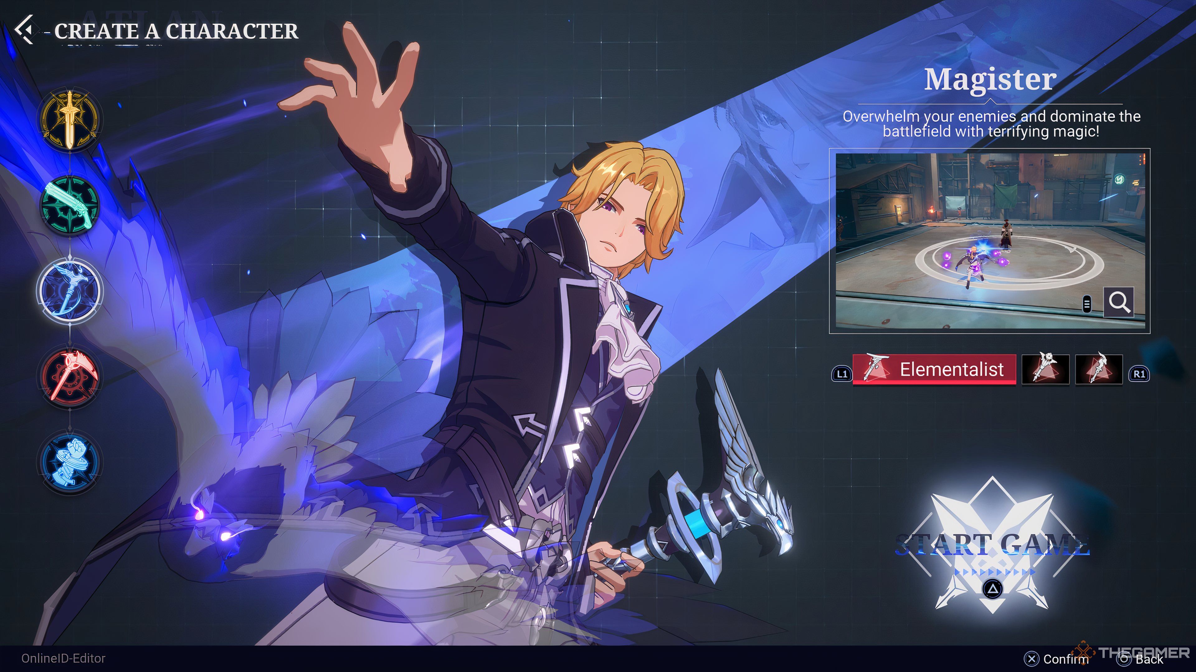 The Magister class select screen in Crystal of Atlan.