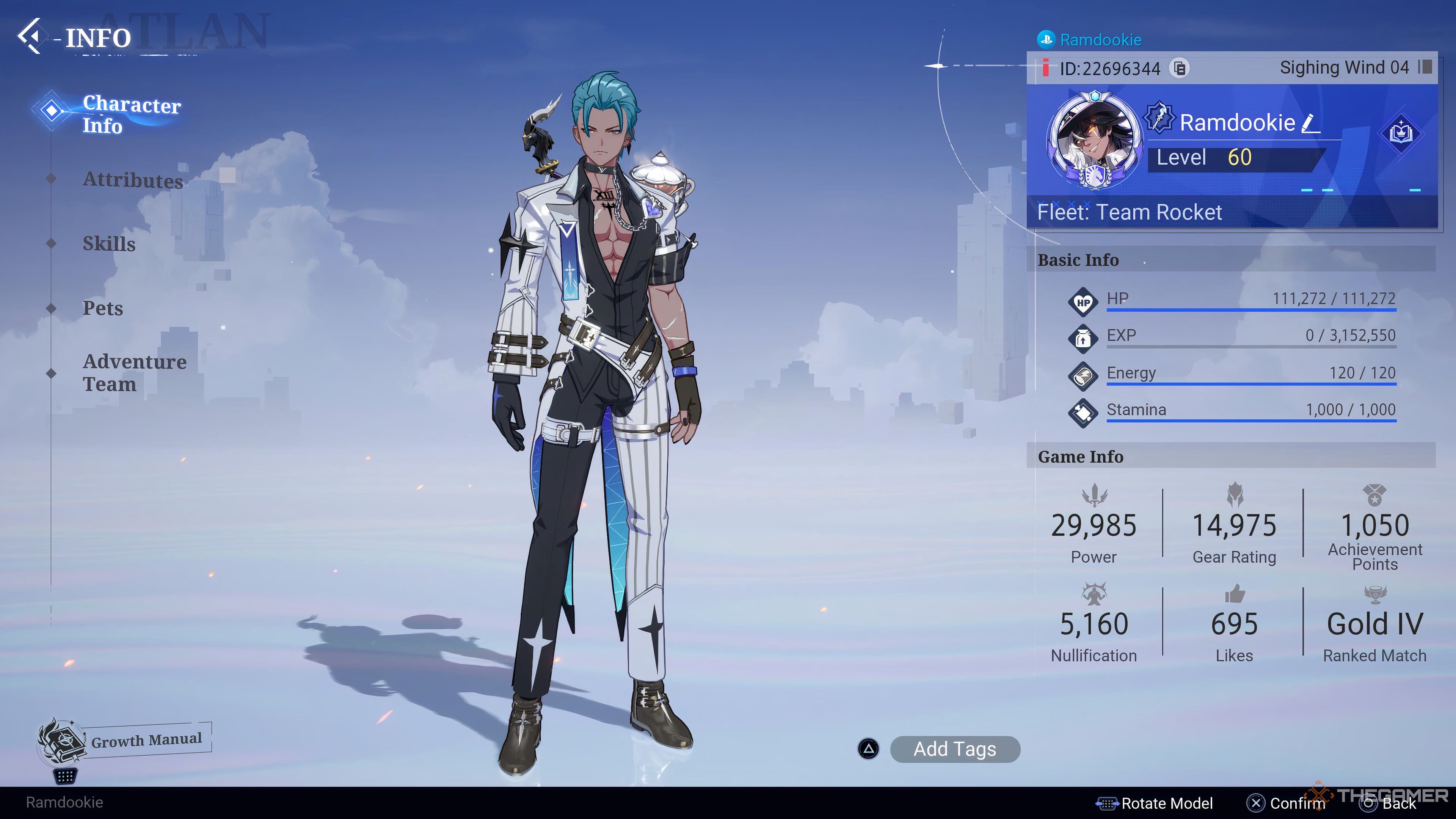 The character page showing character stats in Crystal of Atlan.