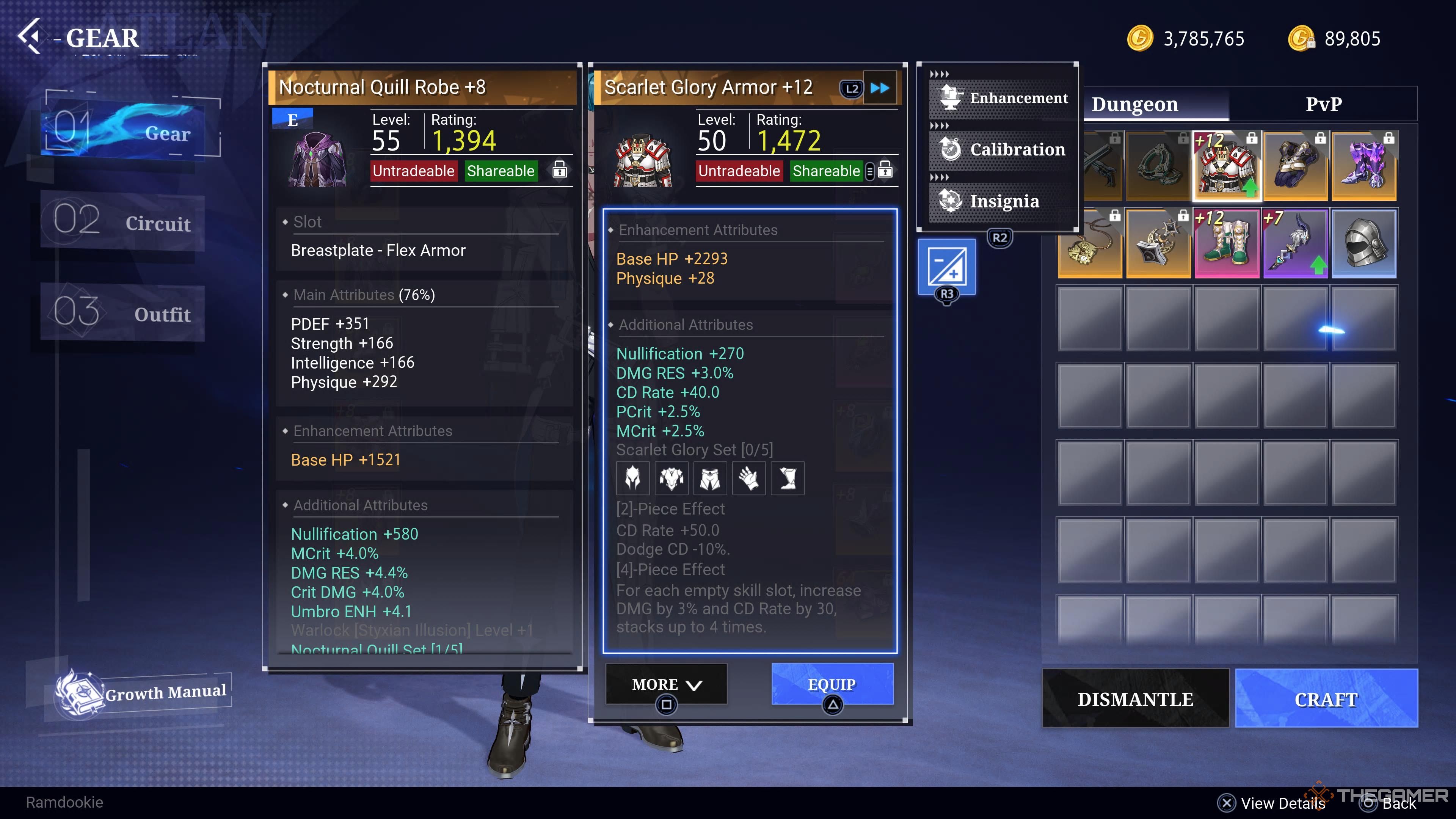 Gear comparison on the gear menu in Crystal of Atlan.