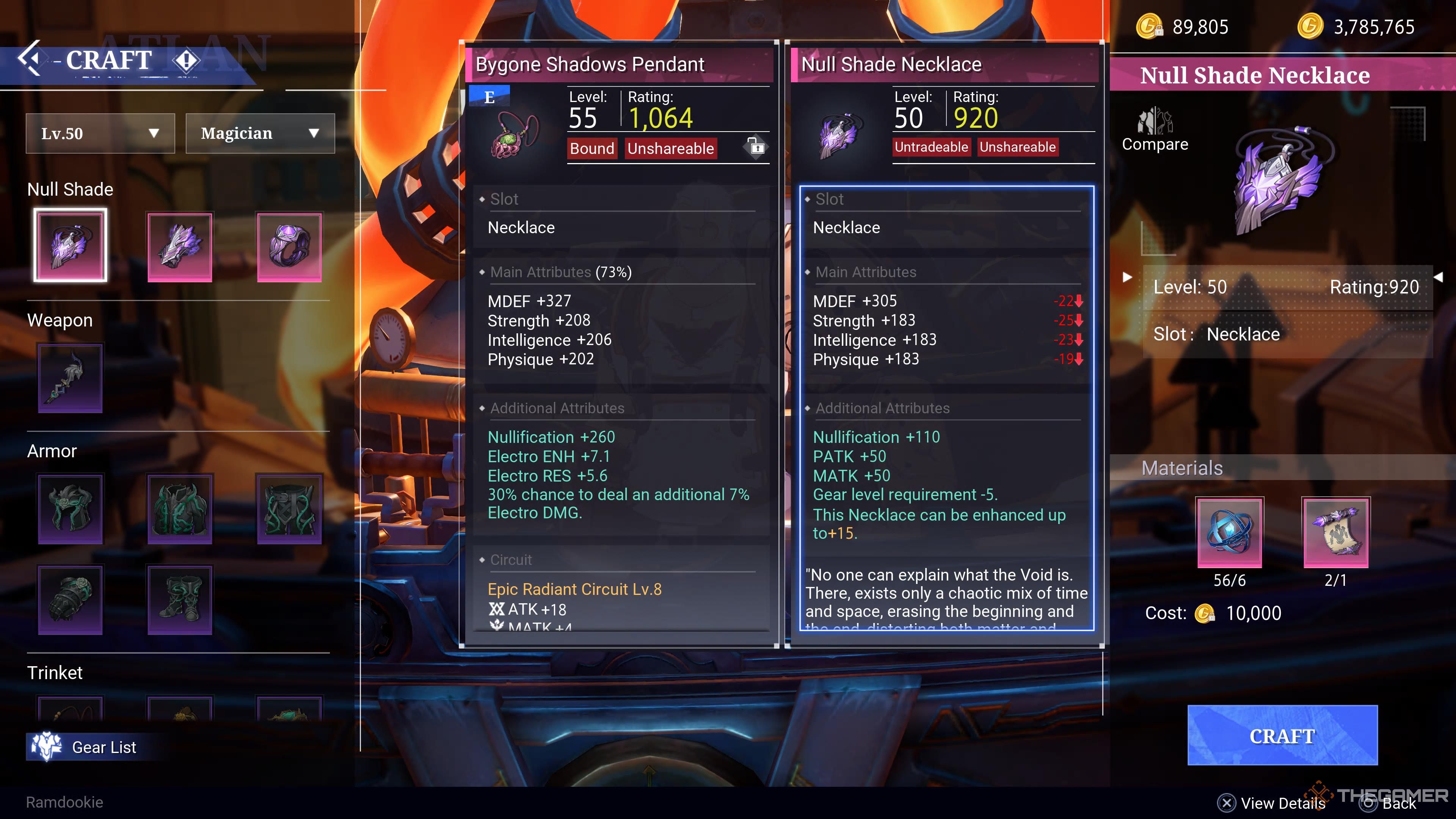 The Crafting screen in Crystal of Atlan, comparing stats for gear about to be crafted.