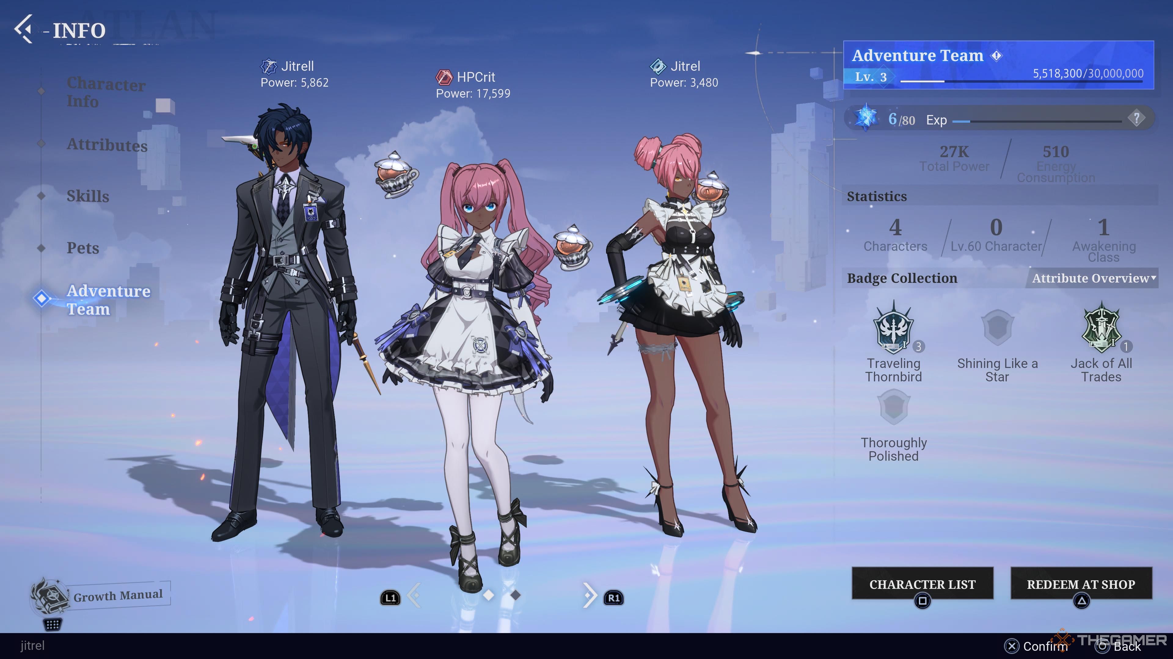 Three Crystal of Atlan player characters stand side by side on the adventure team screen.