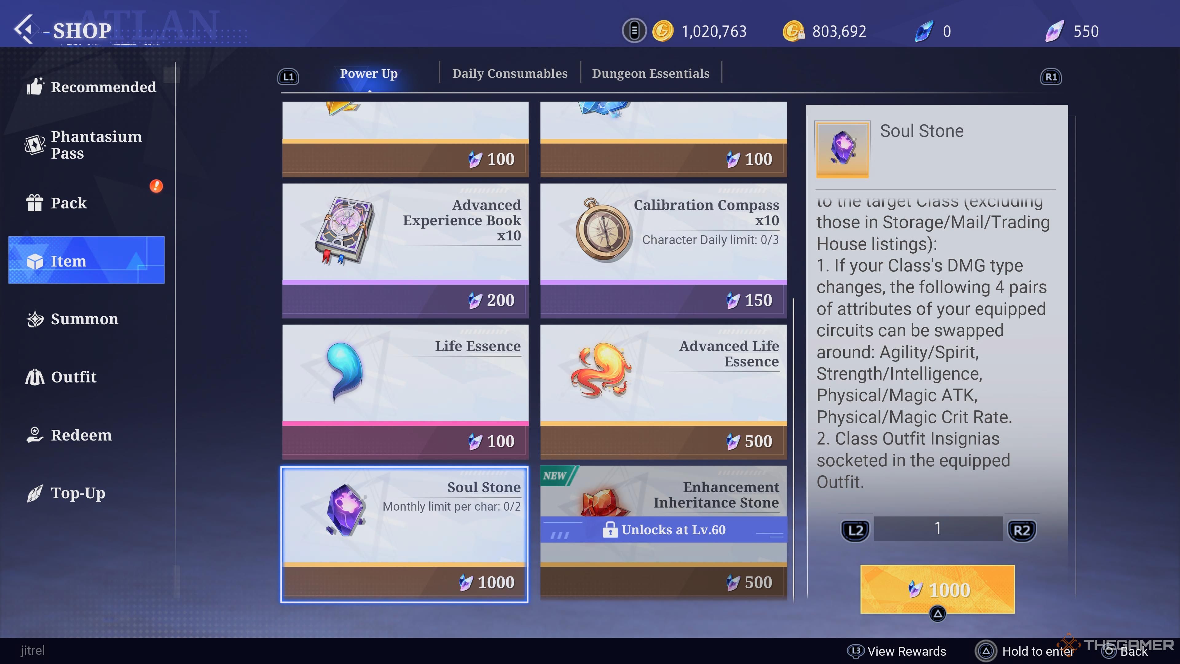 The item shop page in Crystal of Atlan highlighting a Soul Stone.