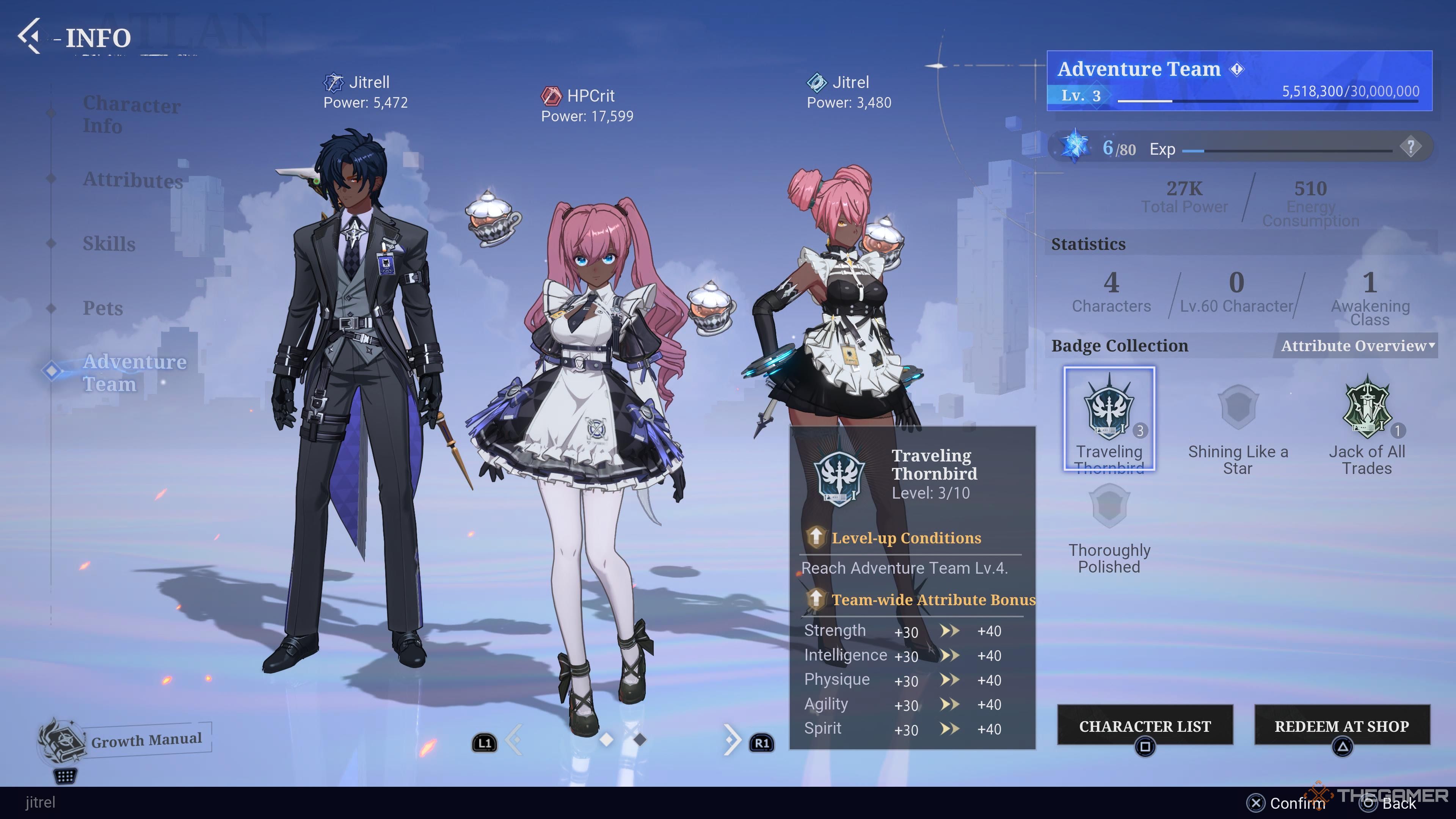 Three Crystal of Atlan player characters stand side by side on the adventure team screen, showing the bonus stats they receive. 