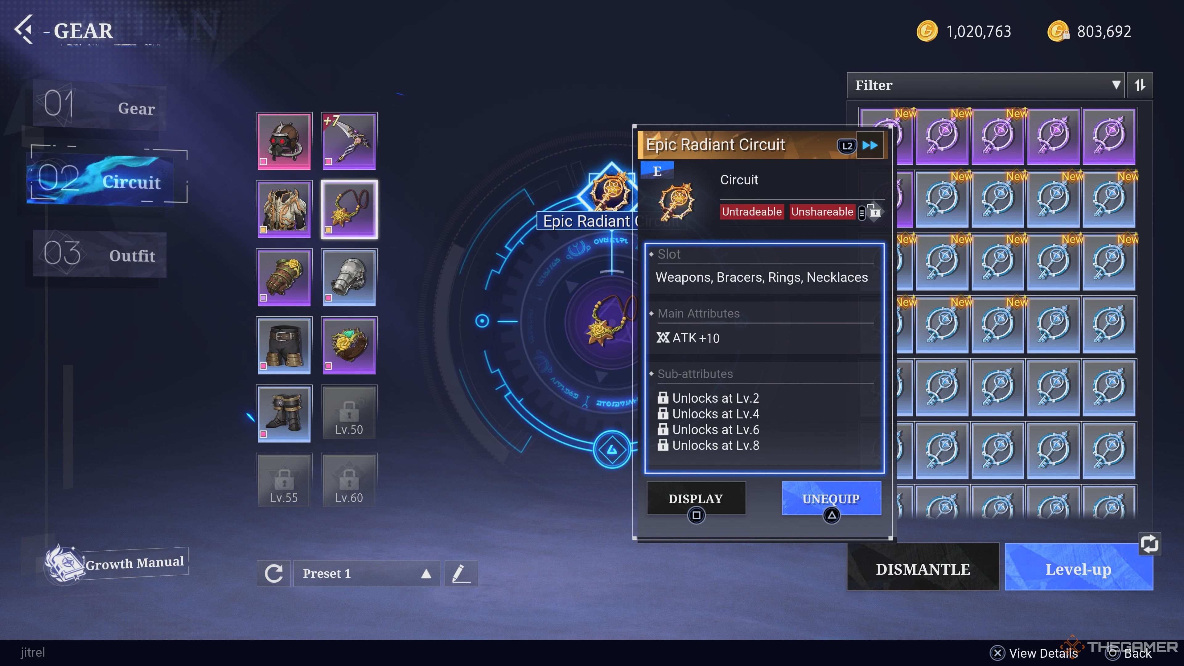 The circuits screen showing an Epic level Circuit attached to an item in Crystal of Atlan.