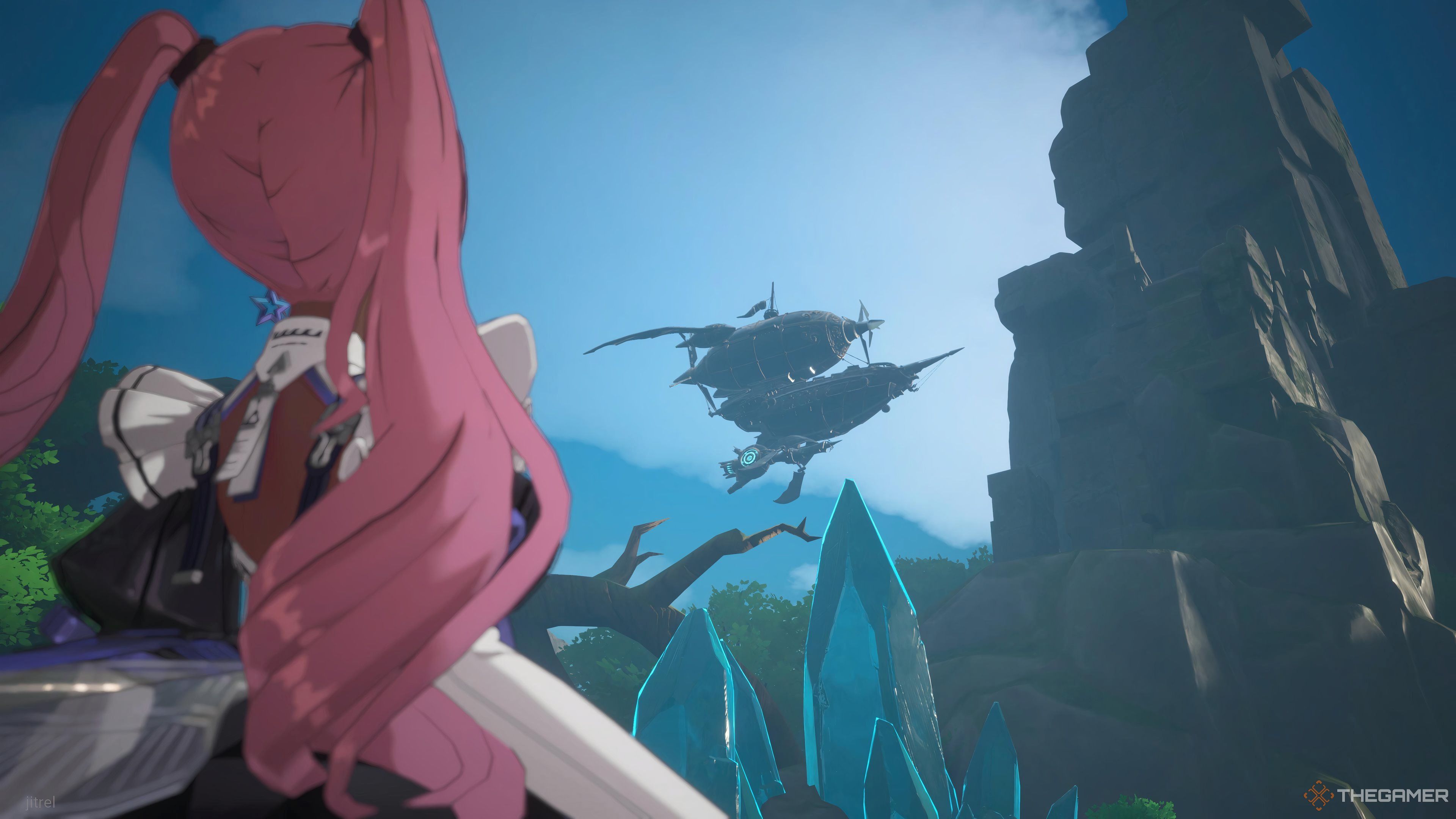The player character watching an airship fly in the distance in Crystal of Atlan.
