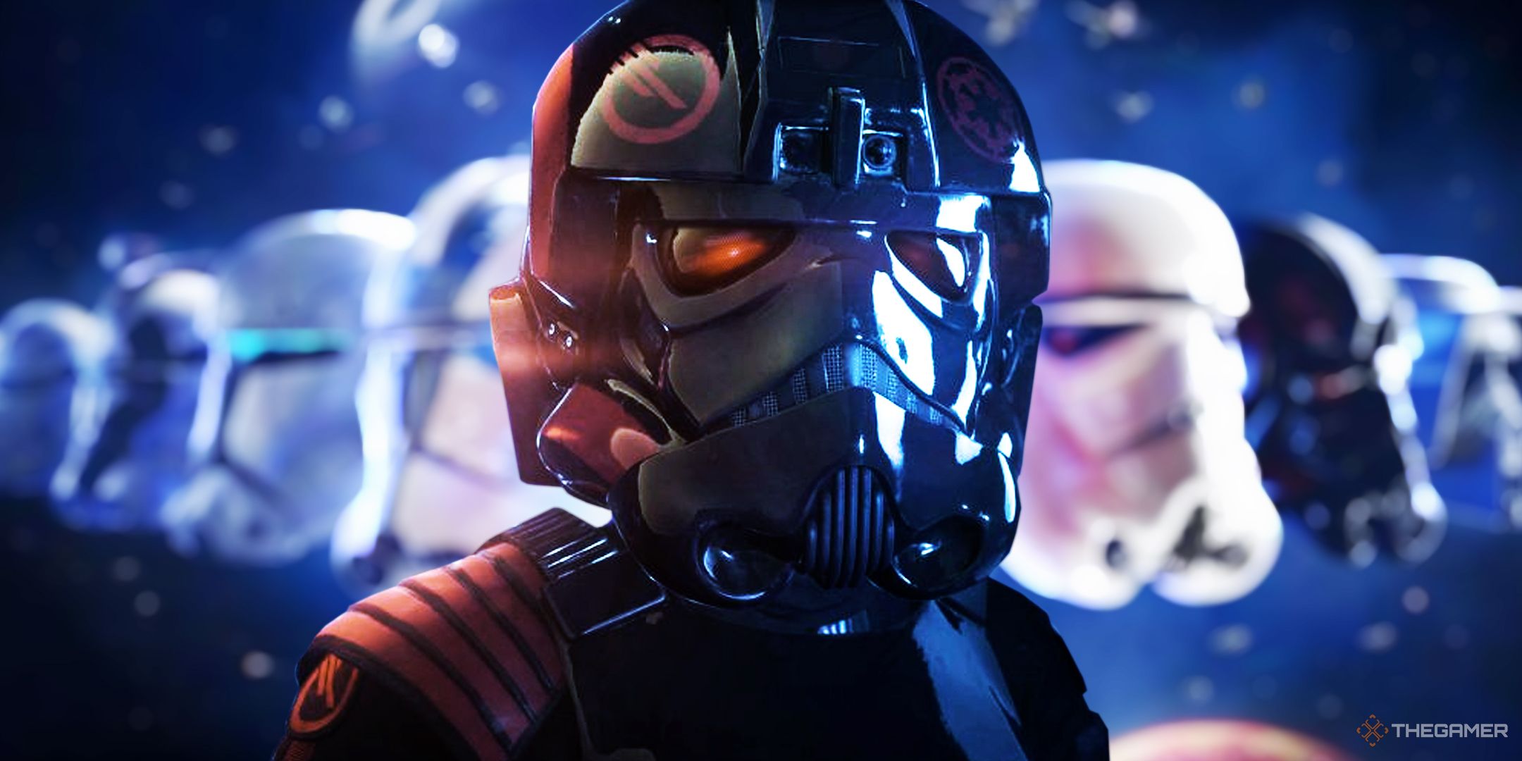 Inferno Squad soldier standing in front of Star Wars Battlefront 2 key art of each Clone and Stormtrooper helmet.