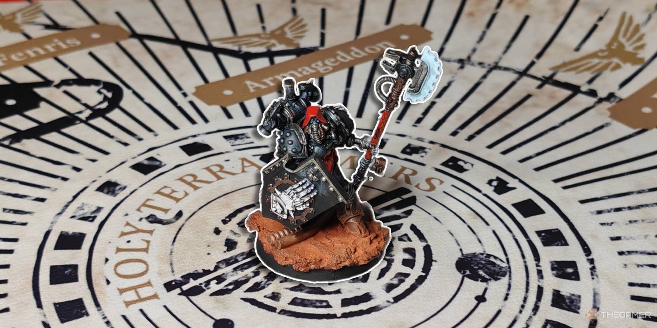 Iron Hands Warhammer 40K model on the SecretLab Warhammer desk