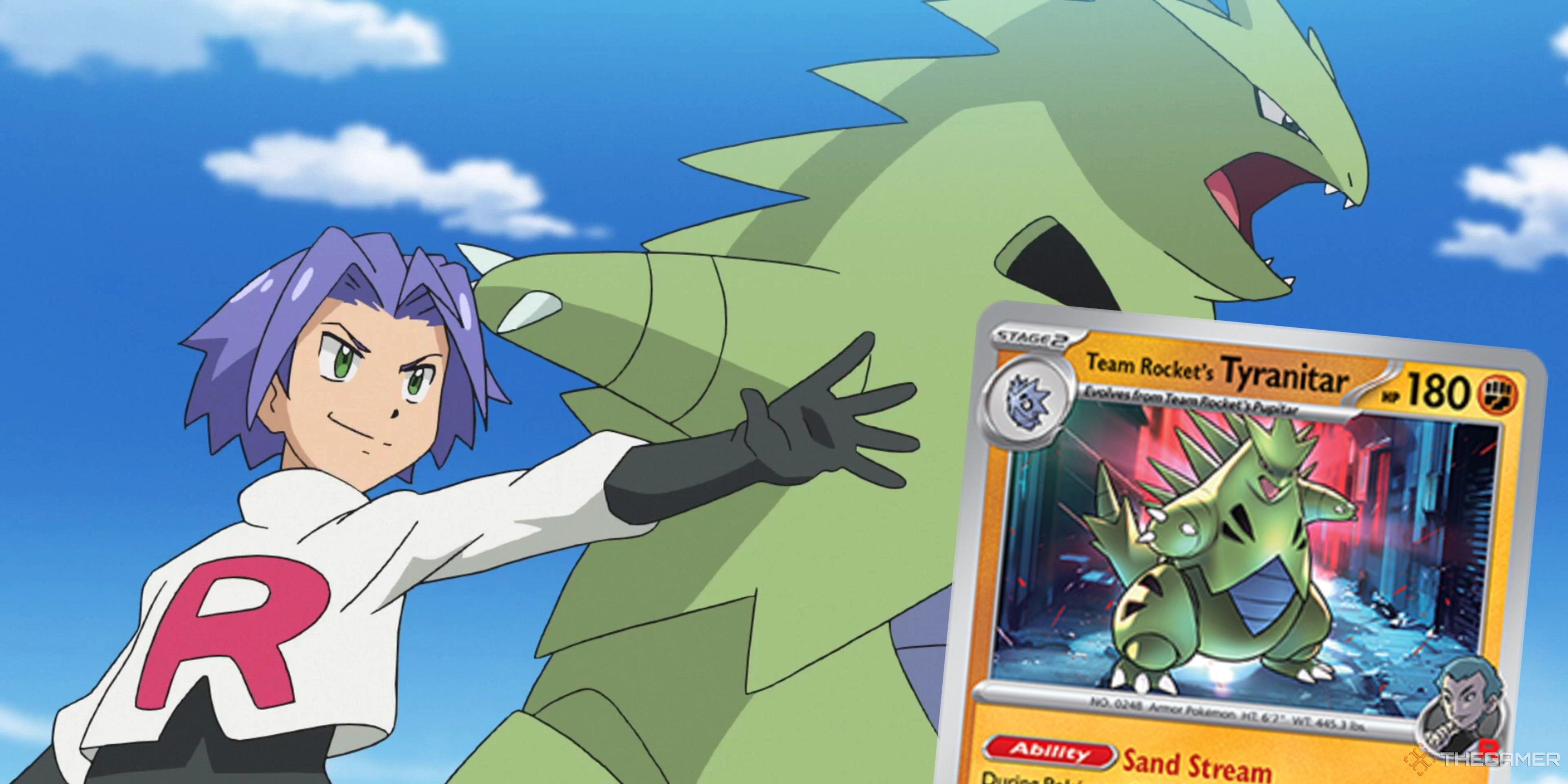 james with a tyranitar and a team rocket tyranitar pokemon card.