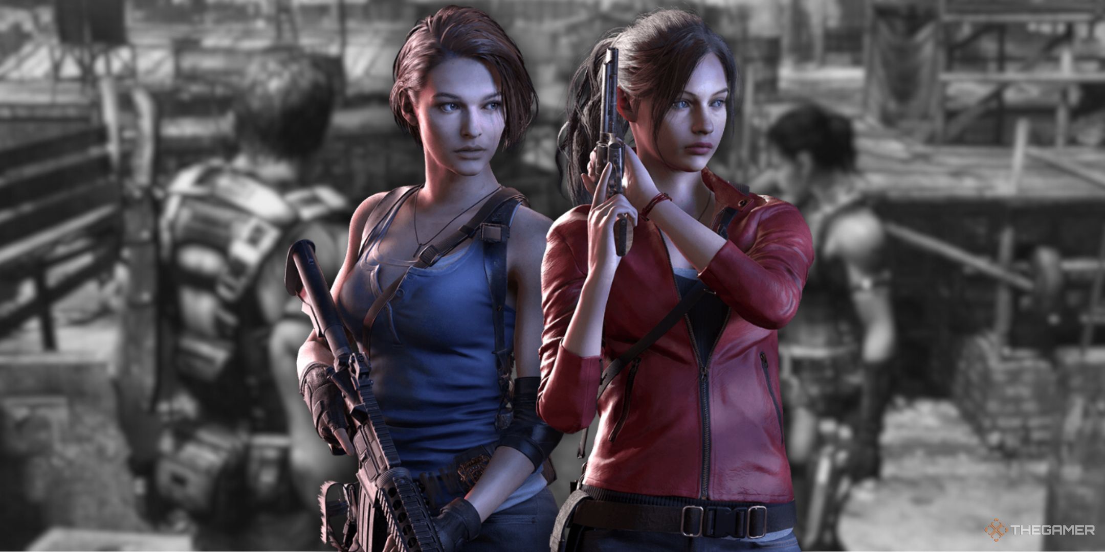 Jill and Claire from Resident Evil standing in front of an image from Resident Evil 5.