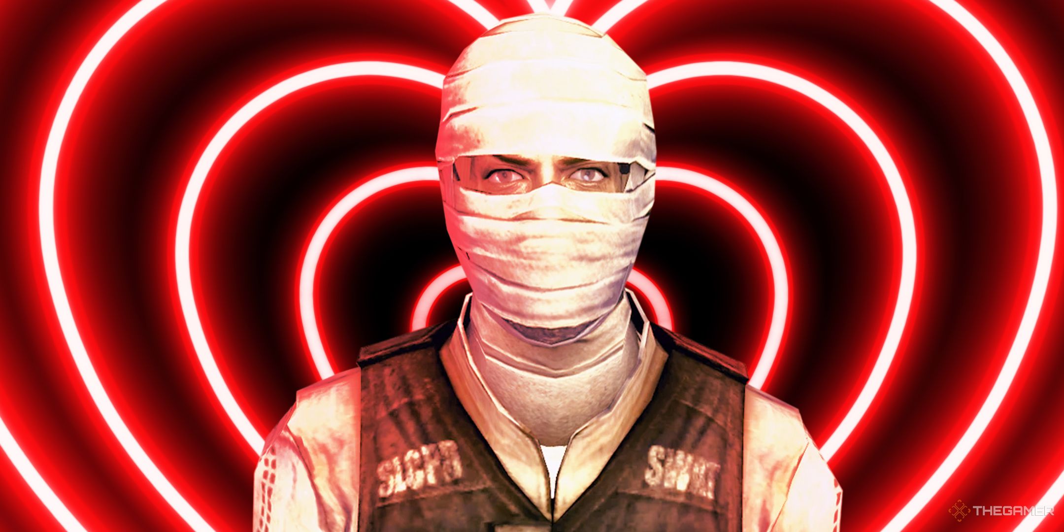 Joshau Graham from Fallout New Vegas lit up in red over a neon heart.