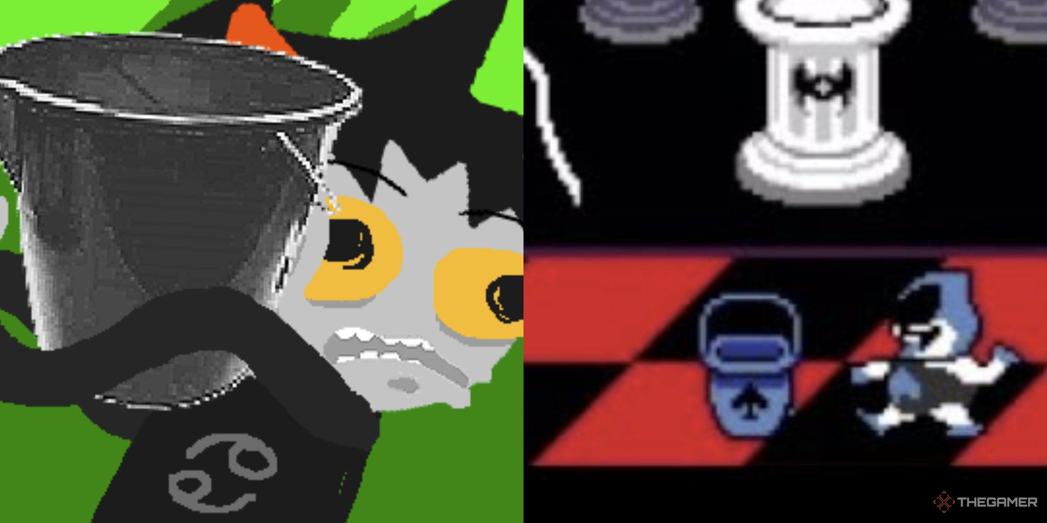 Karkat looking disgusted by buckets and Lancer using a bucket.