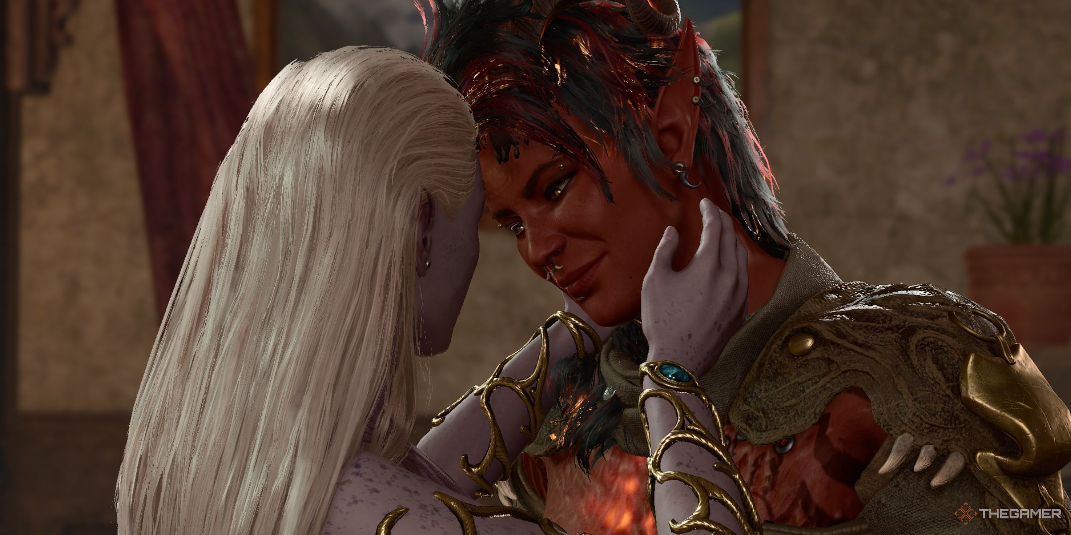 Karlach and a custom player character in Baldur's Gate 3. The custom character is a purple half-drow with long blonde hair. Karlach is a tall red tiefling. The half-drow cradles Karlach's head in her hands.