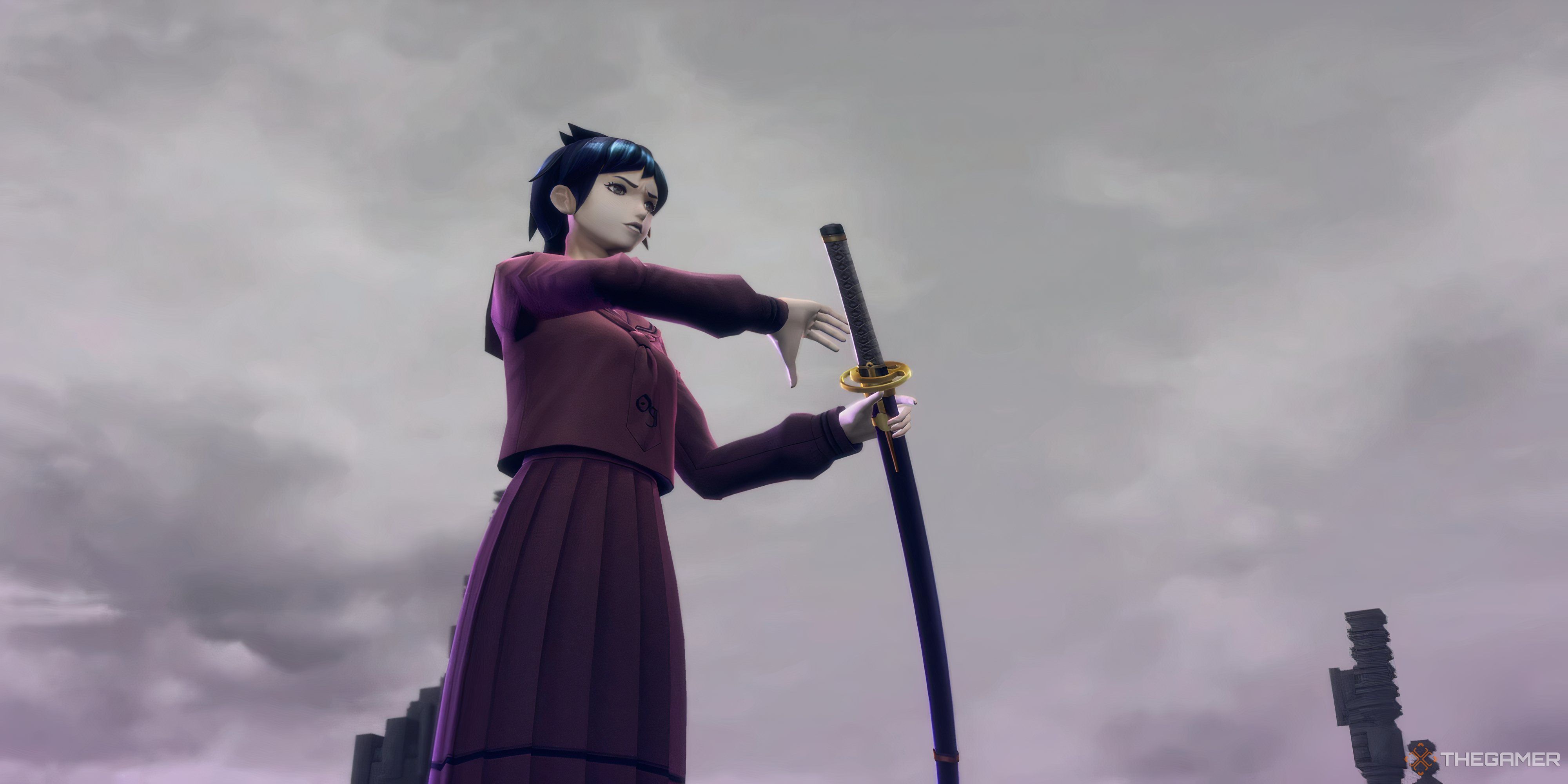 Kaya unsheathing a katana in front of a cloudy sky in Raidou Remastered.