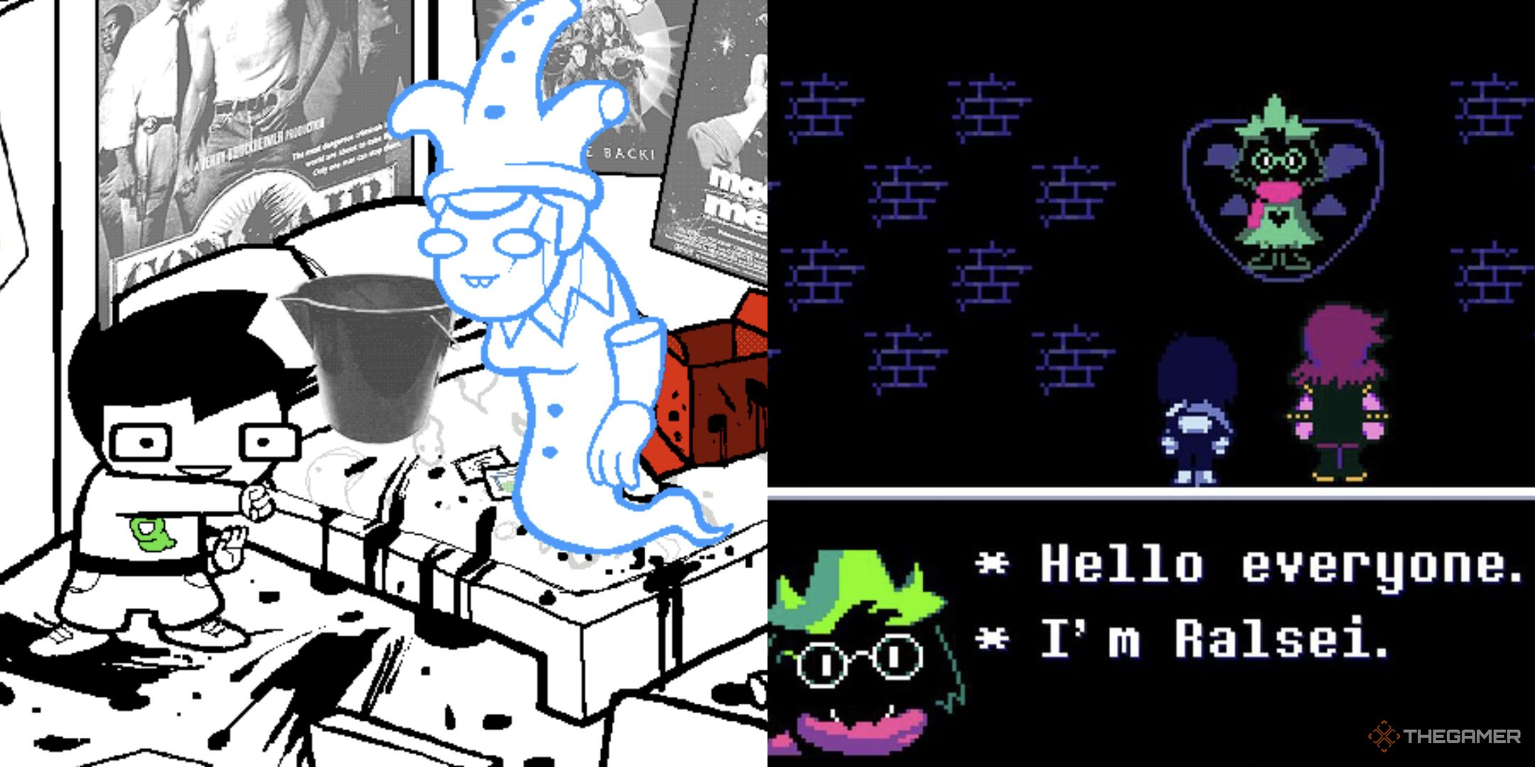 Kernel offers a bucket while Ralsei introduces themself in side by side images.