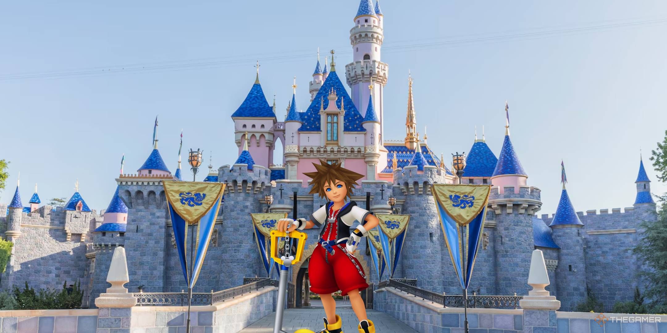 Kingdom hearts 1 sora standing outside disney castle.