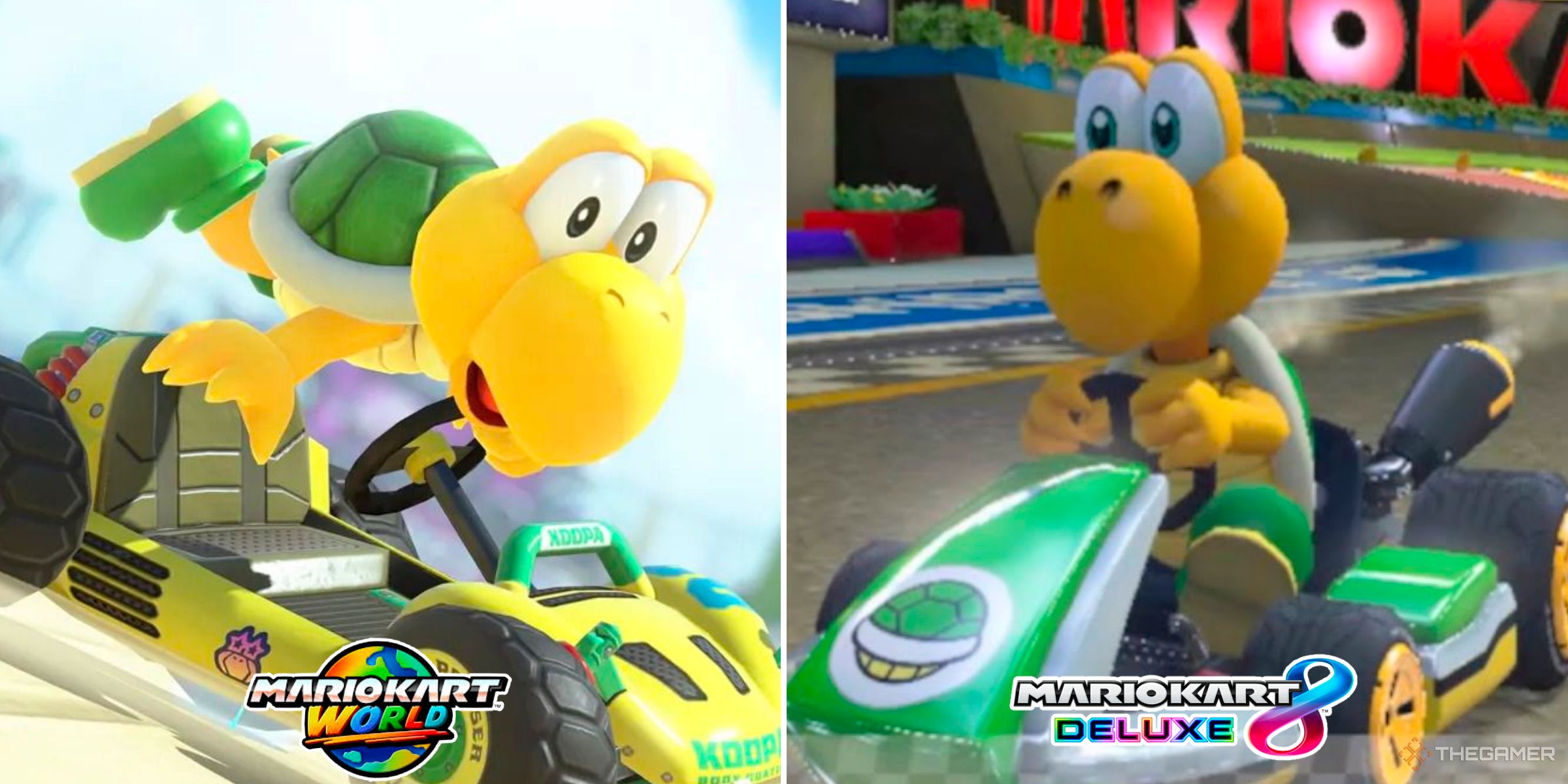 Koopa Troopa in Mario Kart World next to Koopa Troopa in Mario Kart 8 Deluxe.
