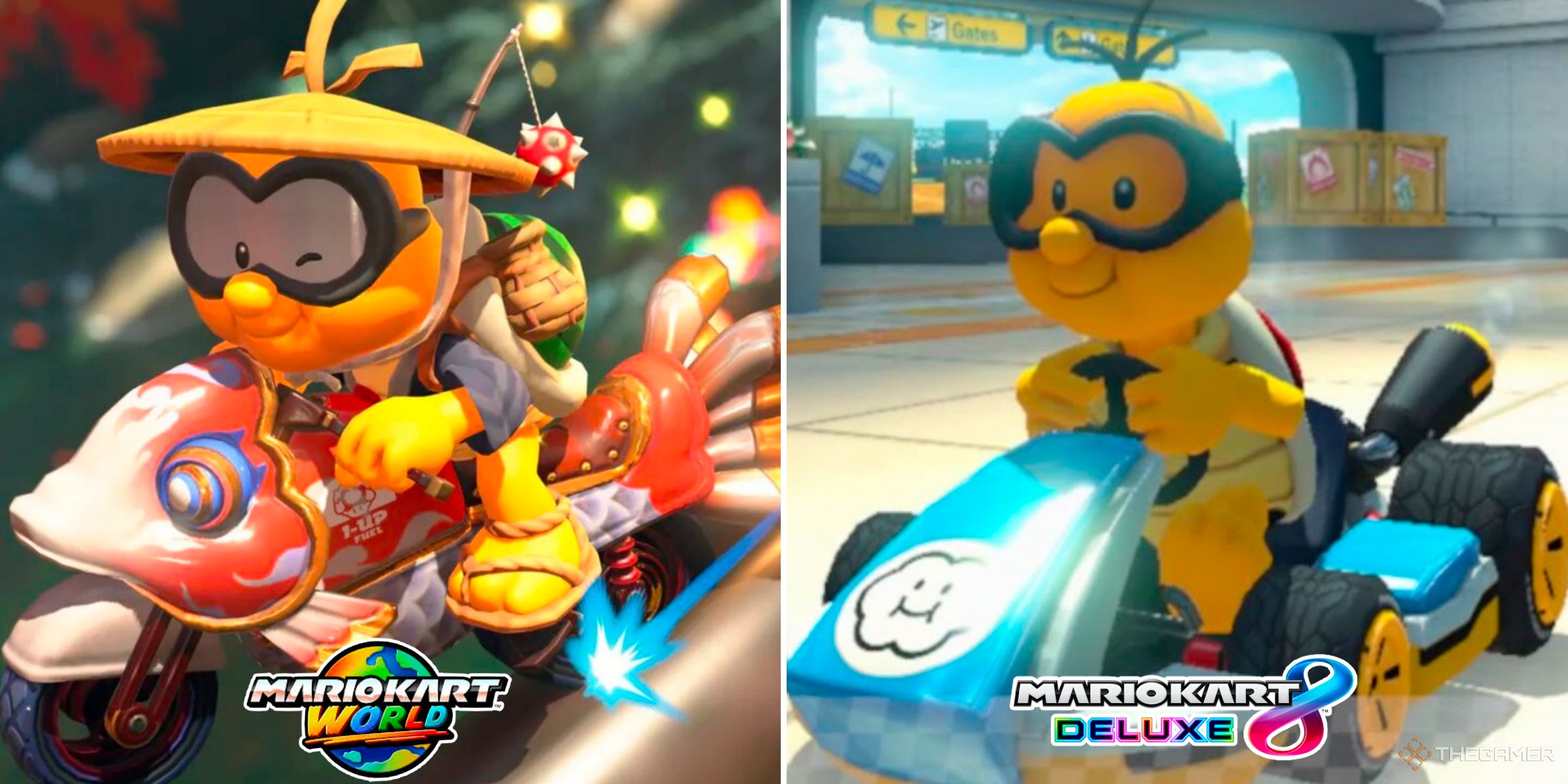 Lakitu in Mario Kart World next to Lakitu in Mario Kart 8 Deluxe.