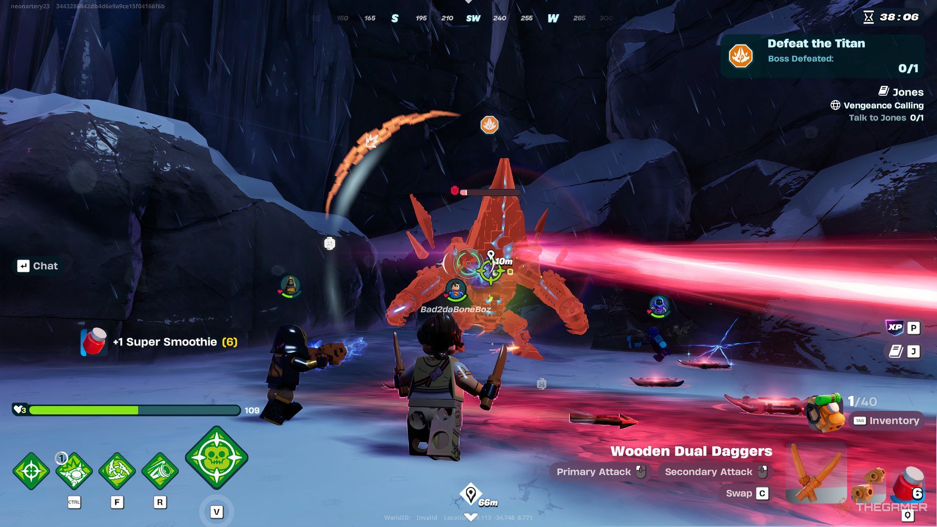 Players fighting a Titan boss in Lego Fortnite Expeditions. 