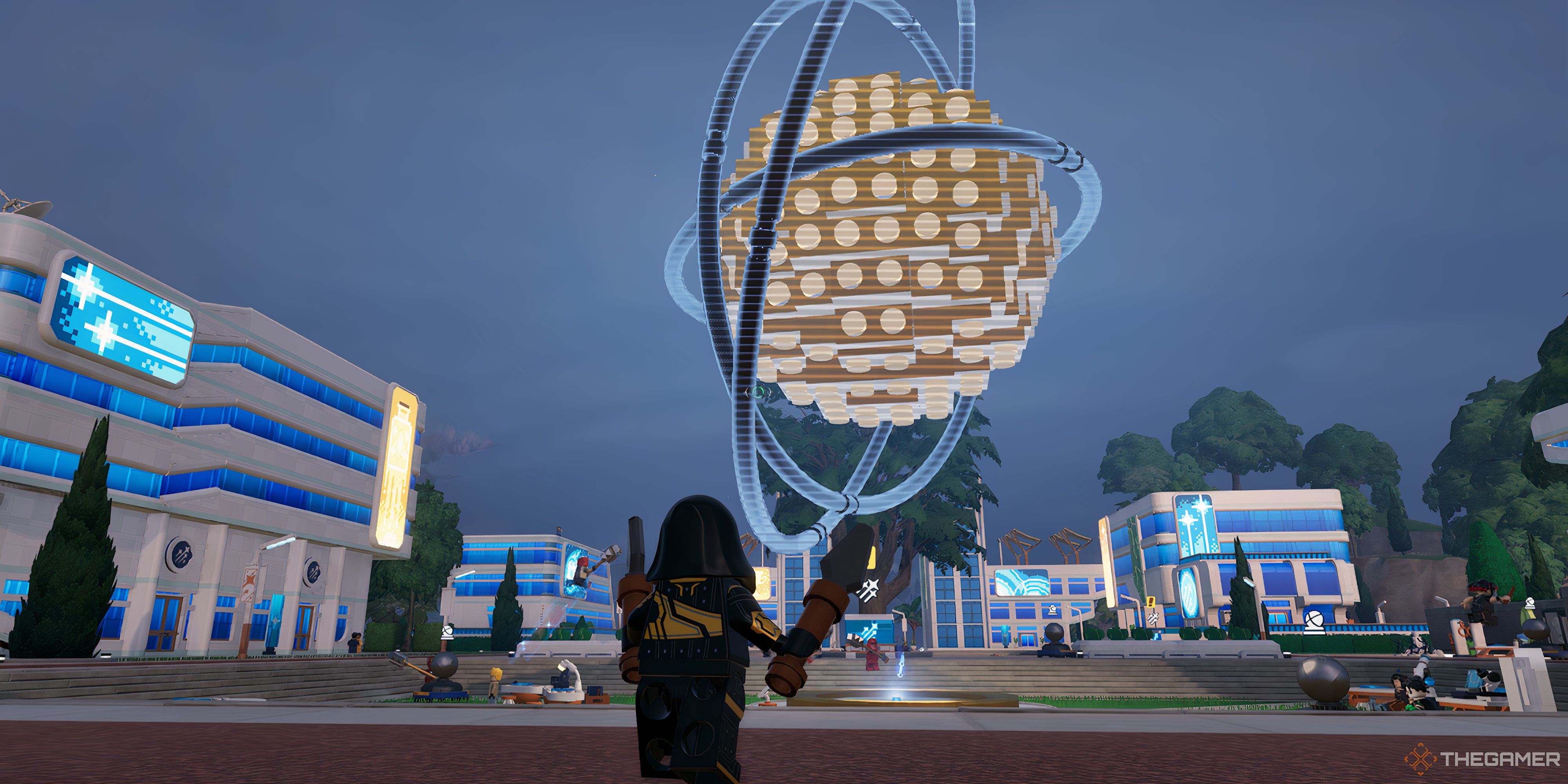 Player looking up at a large floating globe in Lego Fortnite Expeditions. There are two NPCs beside the globe. 