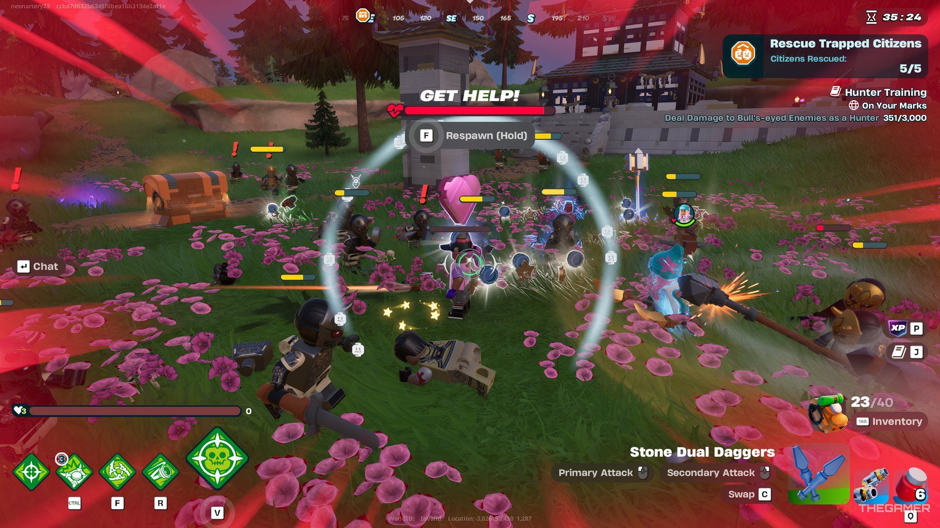 The player is down with a enemies surrounding them in Lego Fortnite Expeditions. The screen is turning red and there's a large floating heart just ahead of the player. 