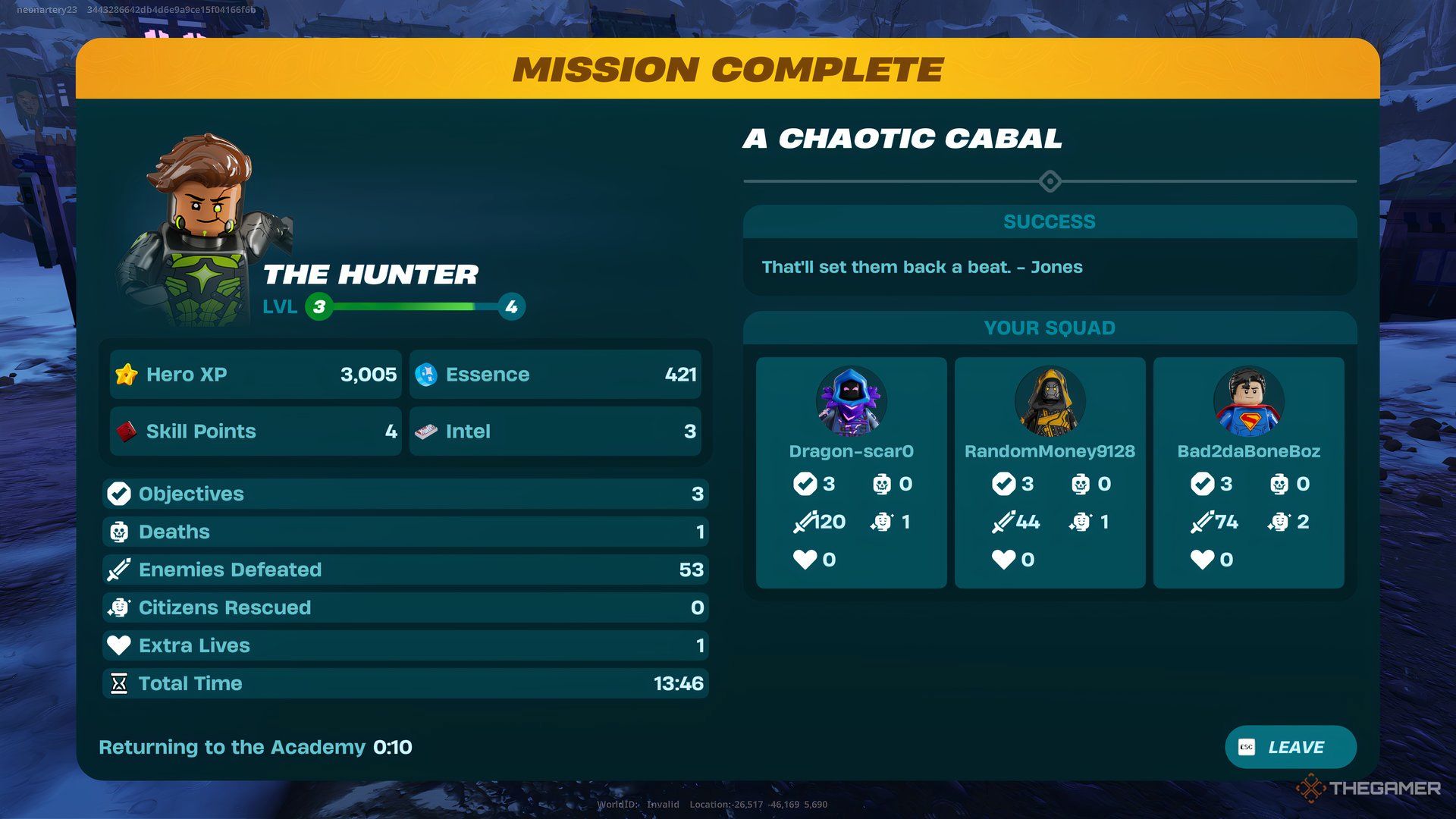 At the Mission Complete Screen in Lego Fortnite Expeditions. All the results plus what is earned is on the left and the each player's score is on the right. 