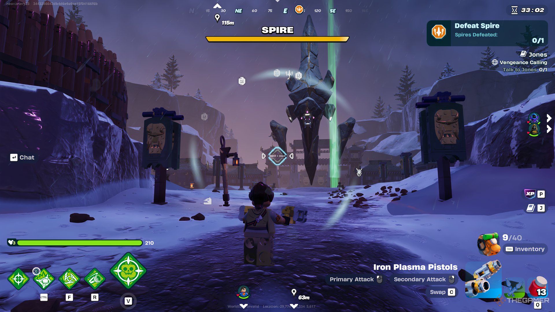 Player looking up at a large Spire boss getting ready to attack in Lego Fortnite Expeditions. There is a circle around the player showing where enemies are. 