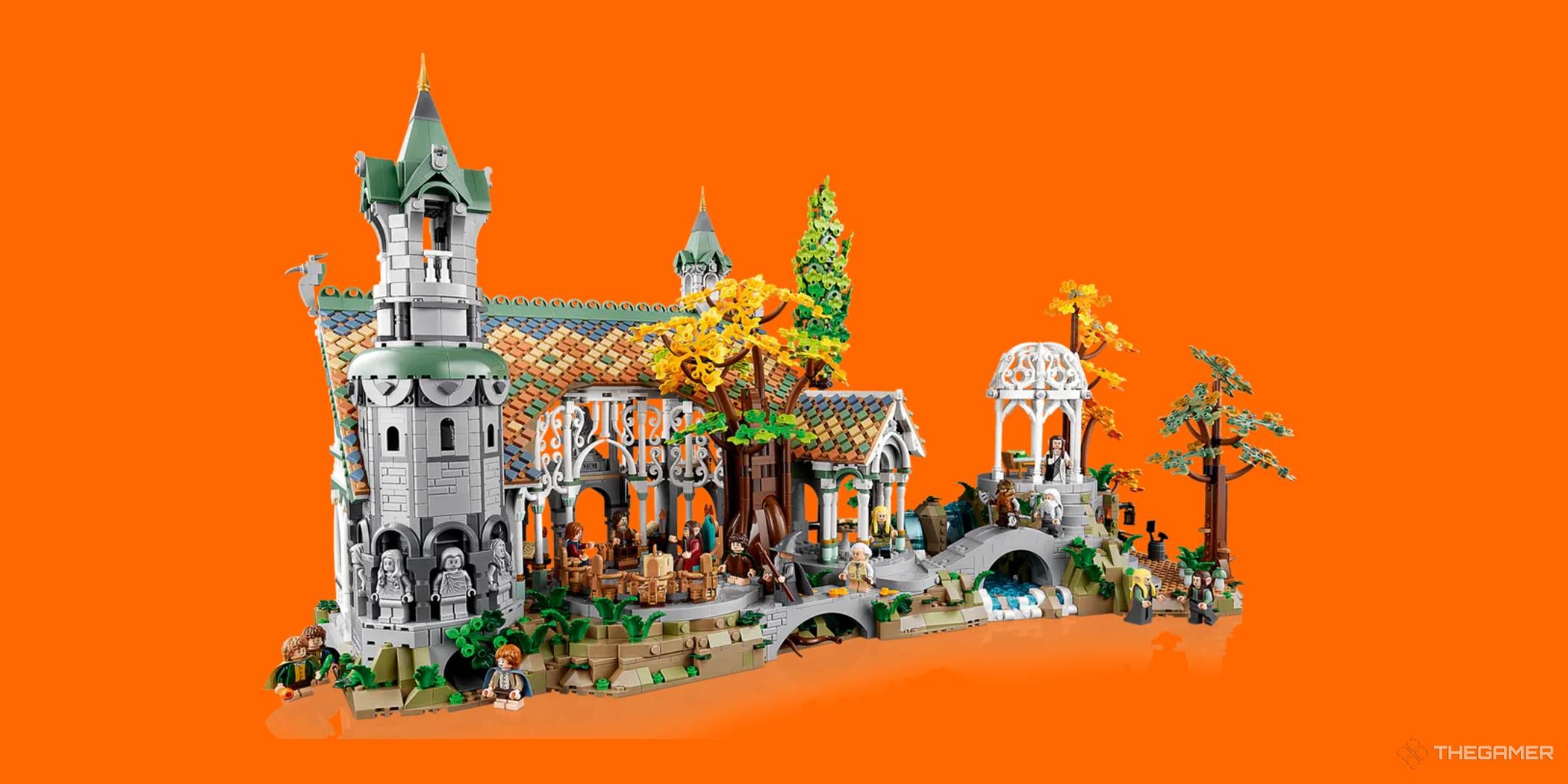 Lego rivendell set on an orange background.