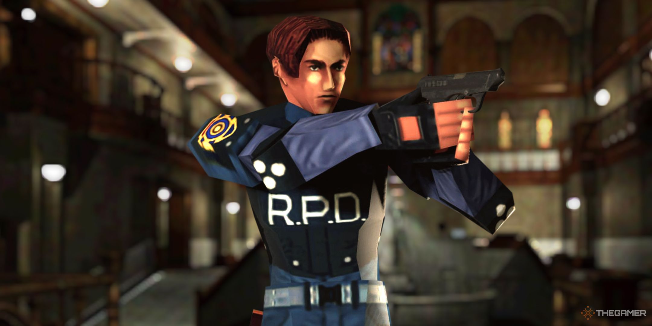 Leon Kennedy low-poly skin from the Resident Evil 2 remake in front of the RPD police station entrance from the original 1998 game.