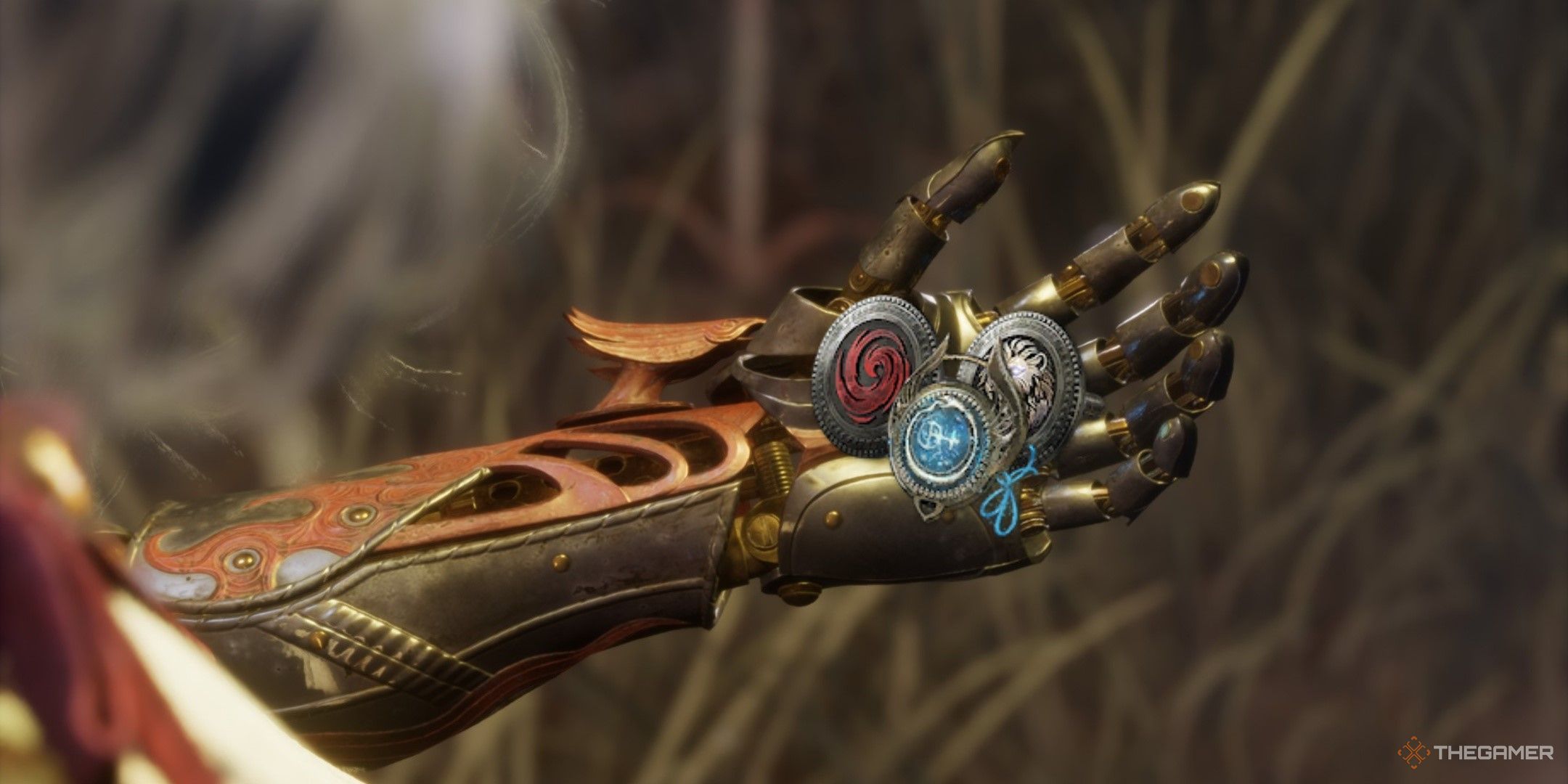 Player holds three amulets in their mechanical hand in Lies of P: Overture.