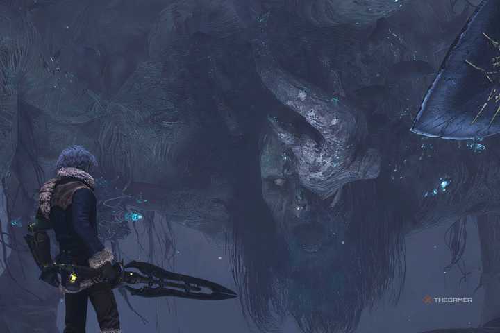 Player draws their weapon against the mouth-gaping Anguished Guardian boss in Lies of P: Overture.