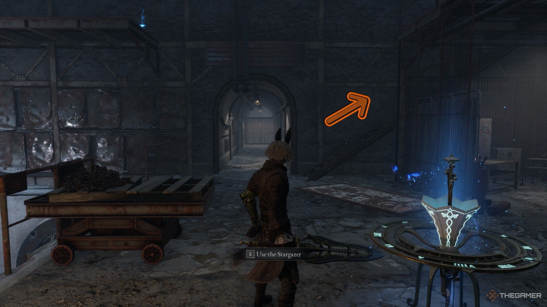 An orange arrow to the right of a doorway shows the path to take to the third Black Rabbit Hole in Lies of P: Overture.