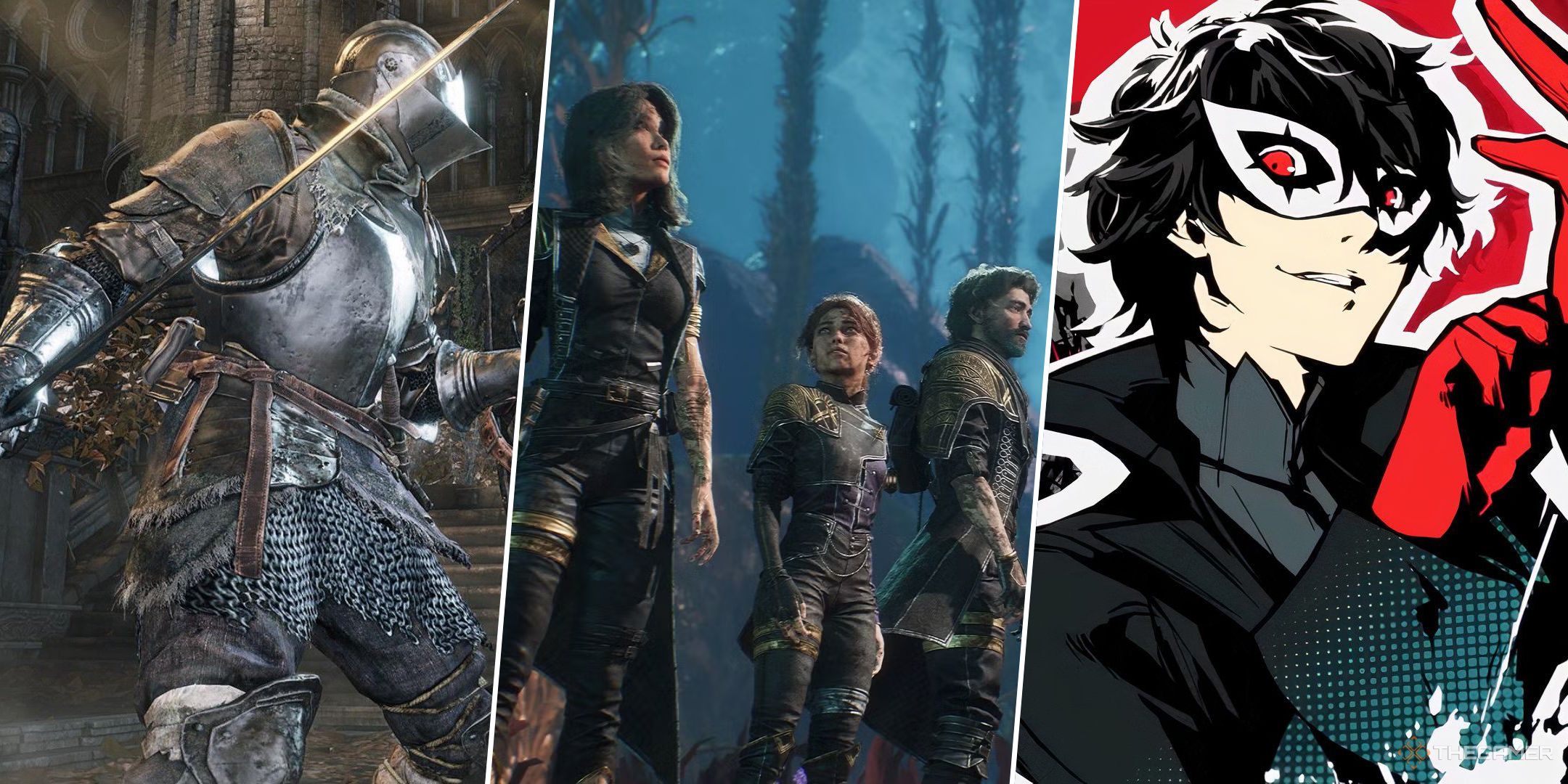A split image comprised of Dark Souls 3, Clair Obscur: Expedition 33, and Persona 5.