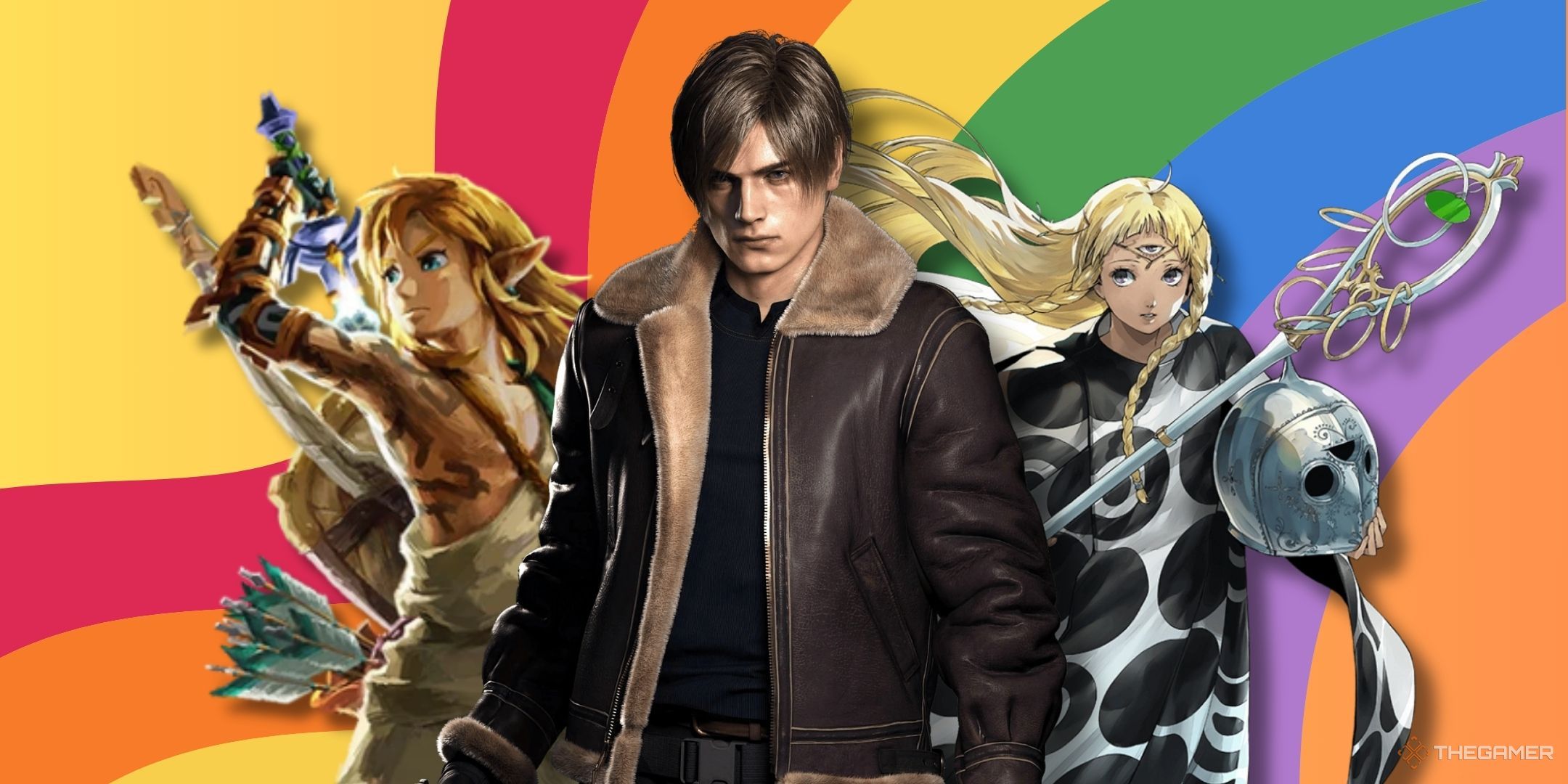 Link from The Legend of Zelda, Leon Kennedy from Resident Evil, and Eupha from Metaphor ReFantazio on a rainbow background.