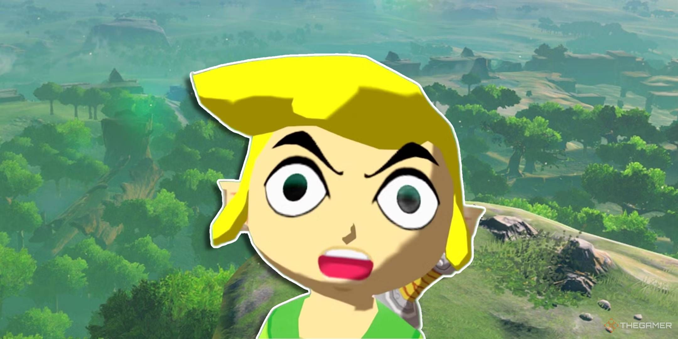 Link looking shocked from the Wind Waker over a Legend of Zelda Breath of the Wild background