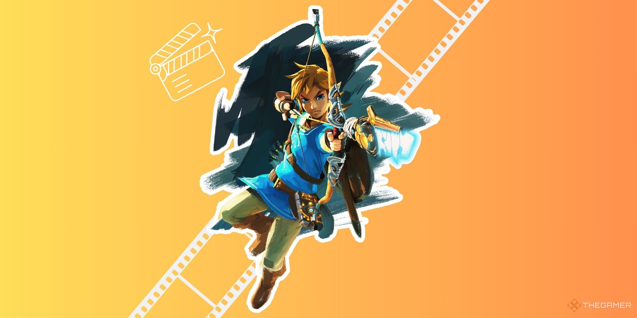 Link official art from Breath of the Wild on a gradient orange background with movie-related graphics.