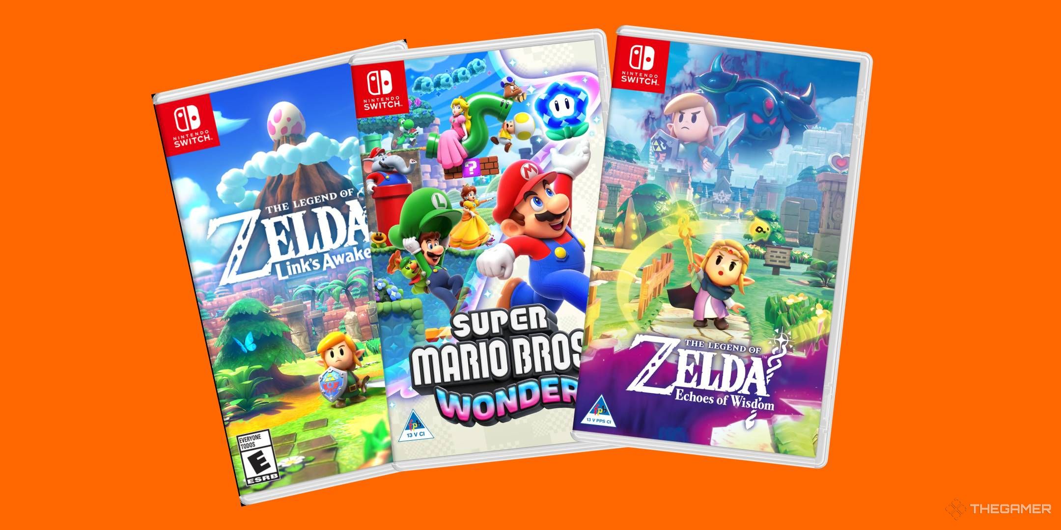 Link's awakening, mario wonder, and echoes of wisdom on an orange background.
