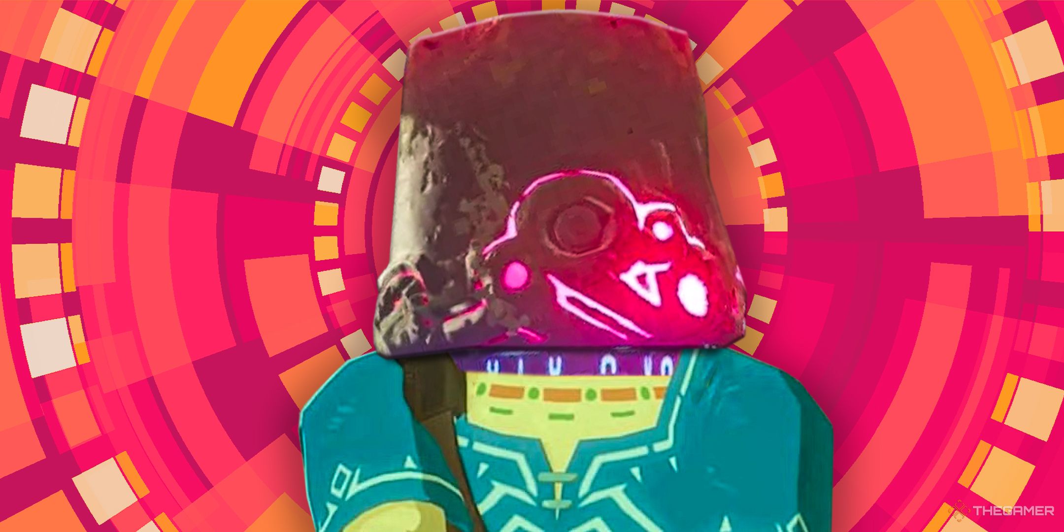 Link wiht a Guardian helmet in front of a red background