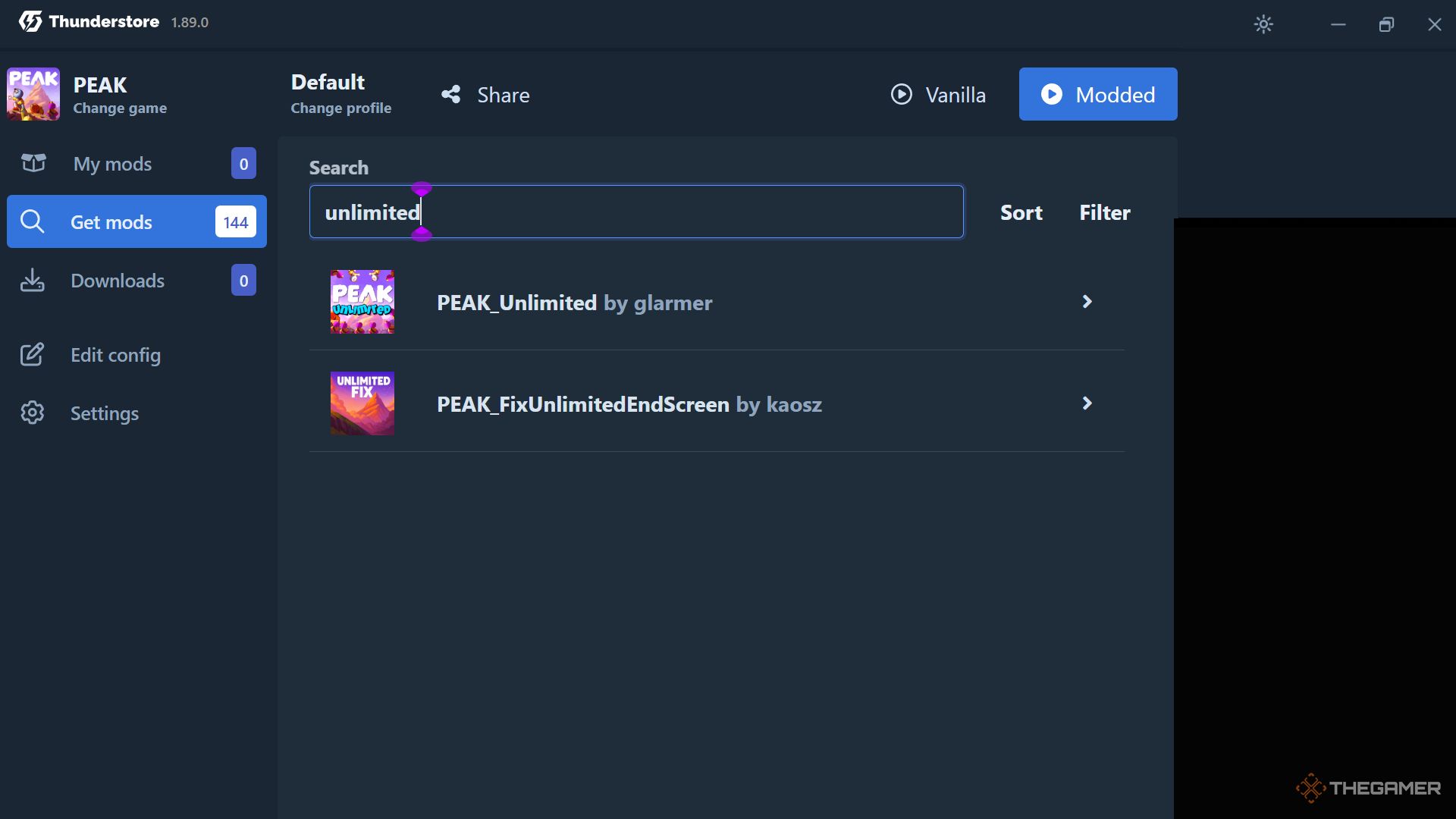 Locating the Peak Unlimited mod in the Thunderstore app