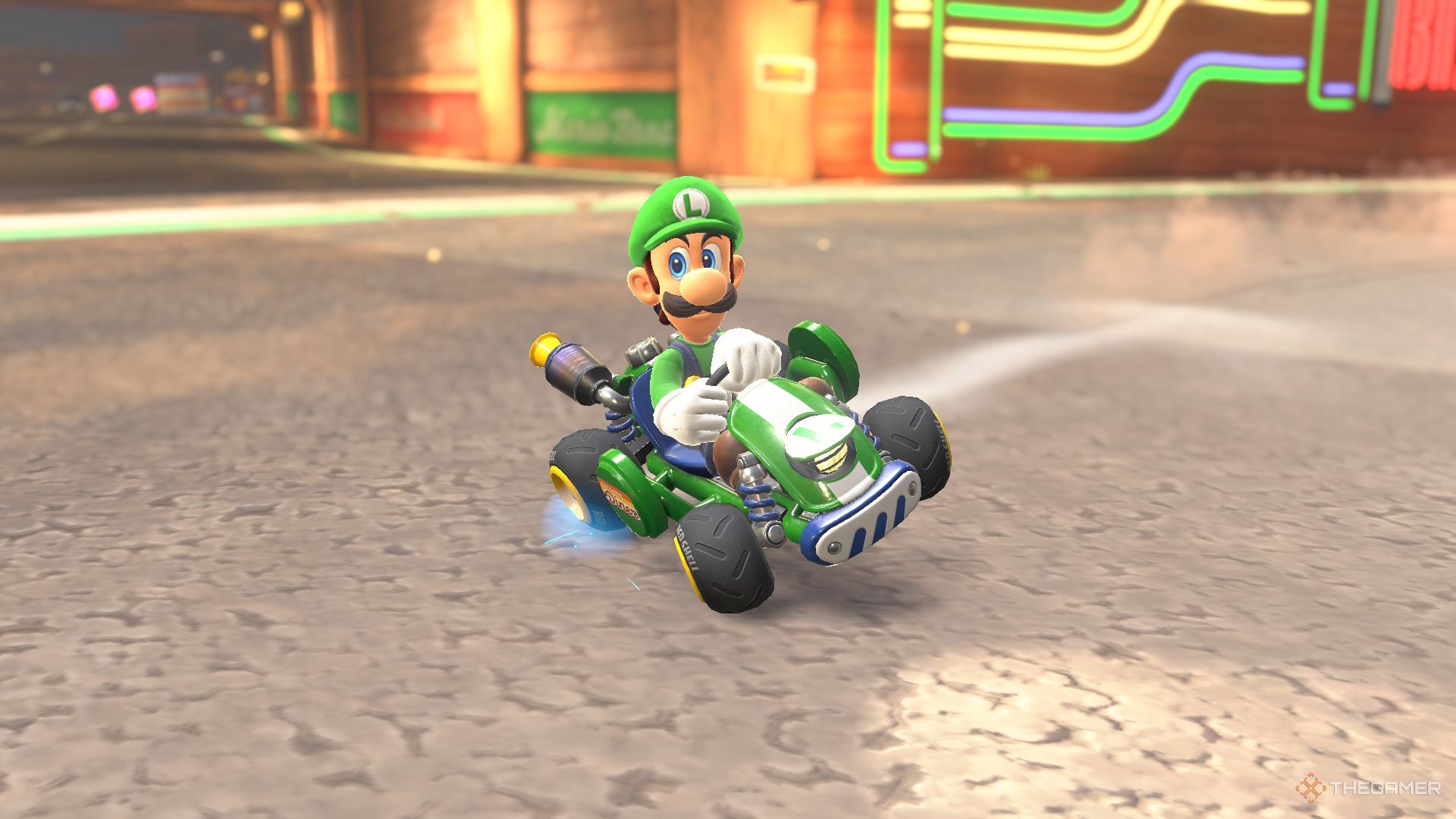 Luigi drifting with a stern expression in Mario Kart World