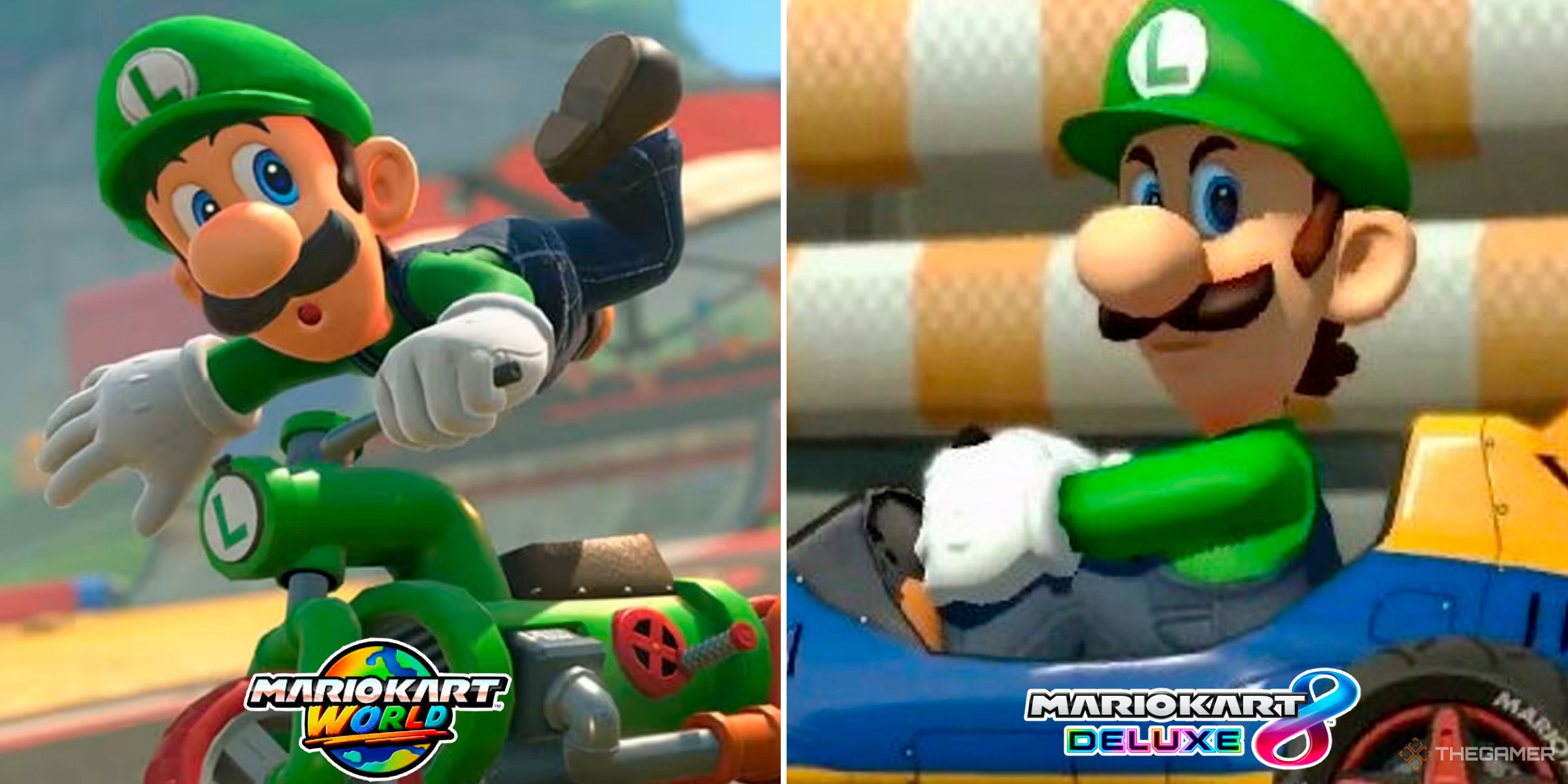 Luigi in Mario Kart World next to Luigi doing his death stare meme in Mario Kart 8 Deluxe.