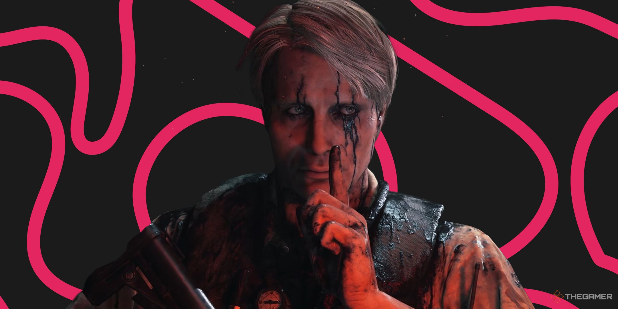 Mads Mikkelsen from Death Stranding putting a finger to his mouth over a swirling pink and grey background.