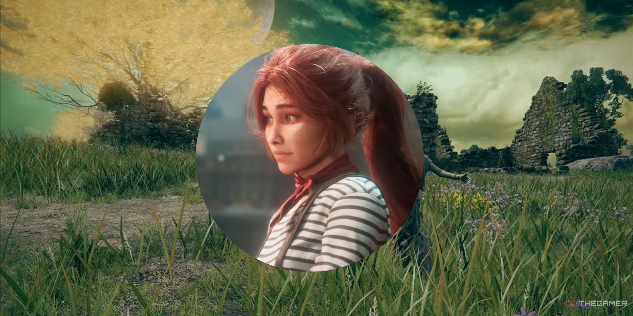 Maelle is shown over a Background image of the Shadow Realm in Elden Ring.