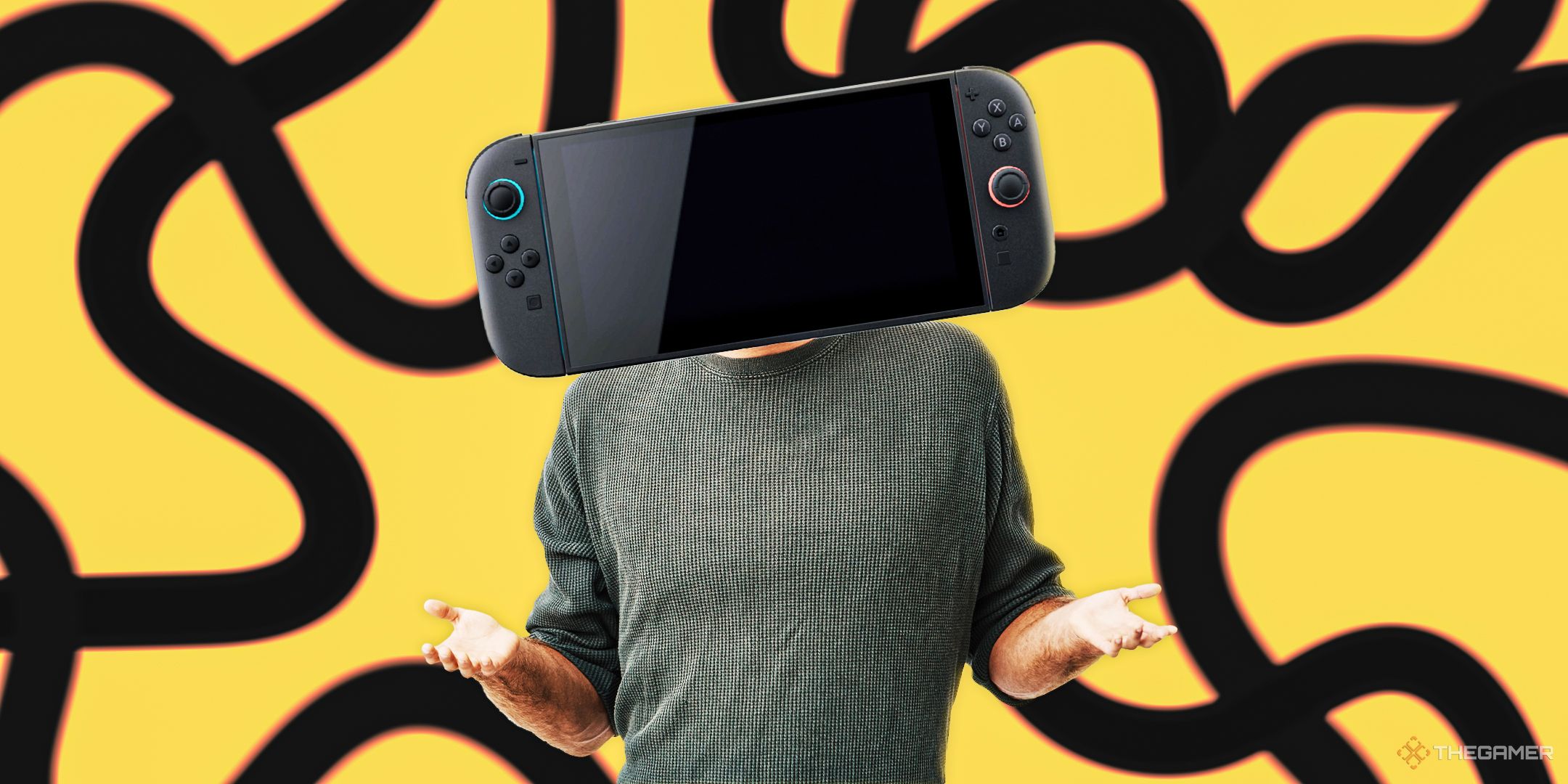 Man with small hands and a Nintendo Switch 2 for a hand over a yellow and black background.