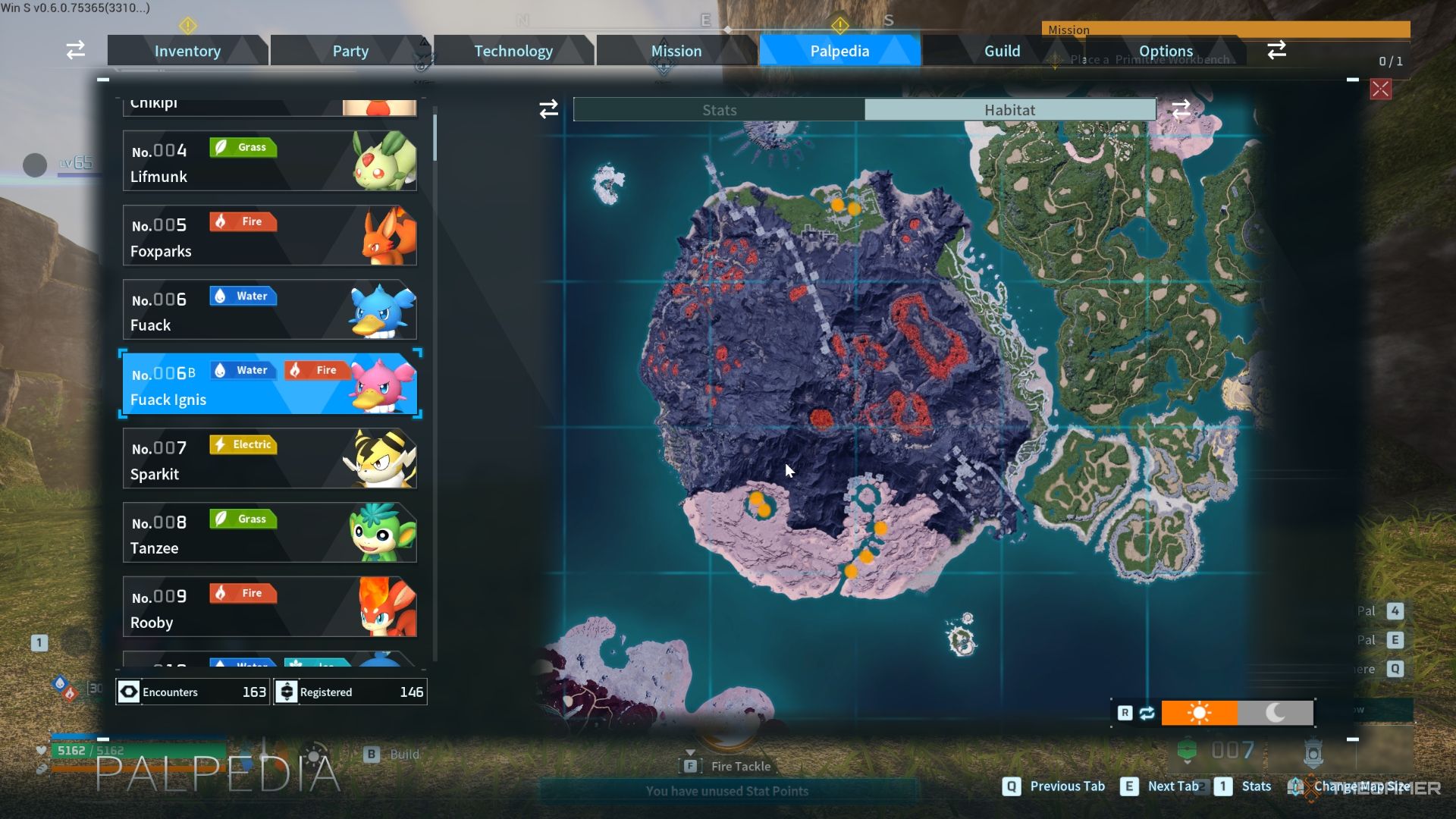 Map showing all the possible location with highlighted orange area for Fuack Ignis - Palworld