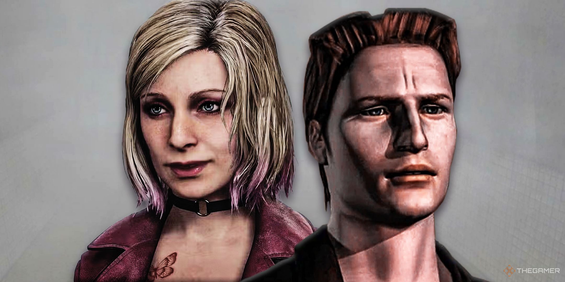 Maria from Silent Hill 2 Remake next to Harry Mason from the first Silent Hill, looking in opposite directions over the fog.