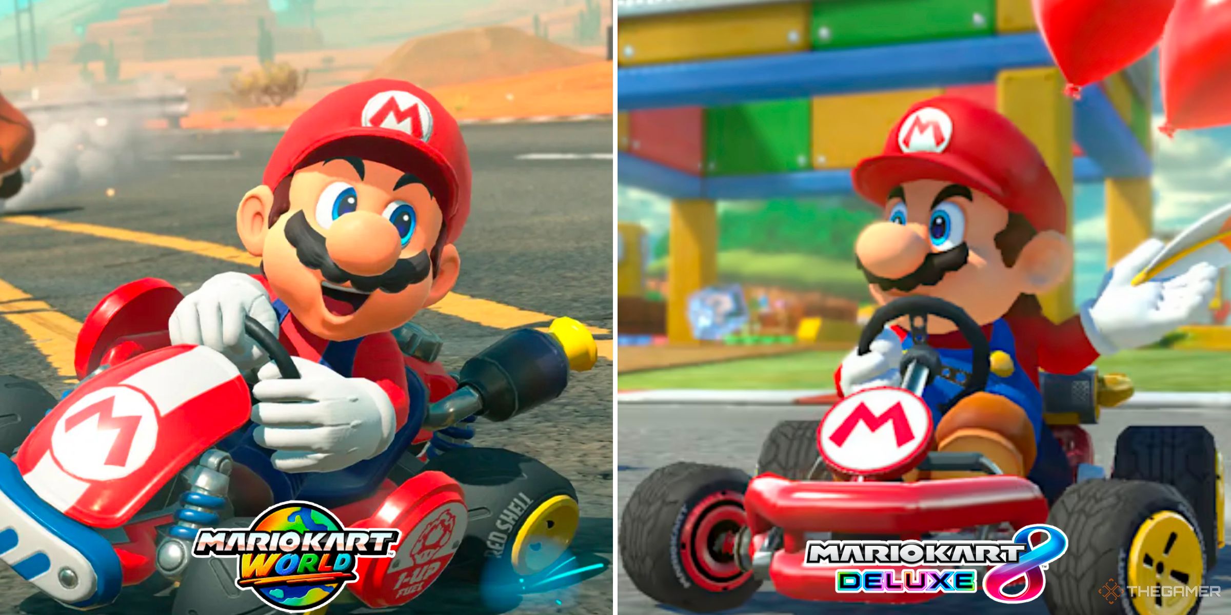Mario in Mario Kart World next to Mario in Mario Kart 8 Deluxe.